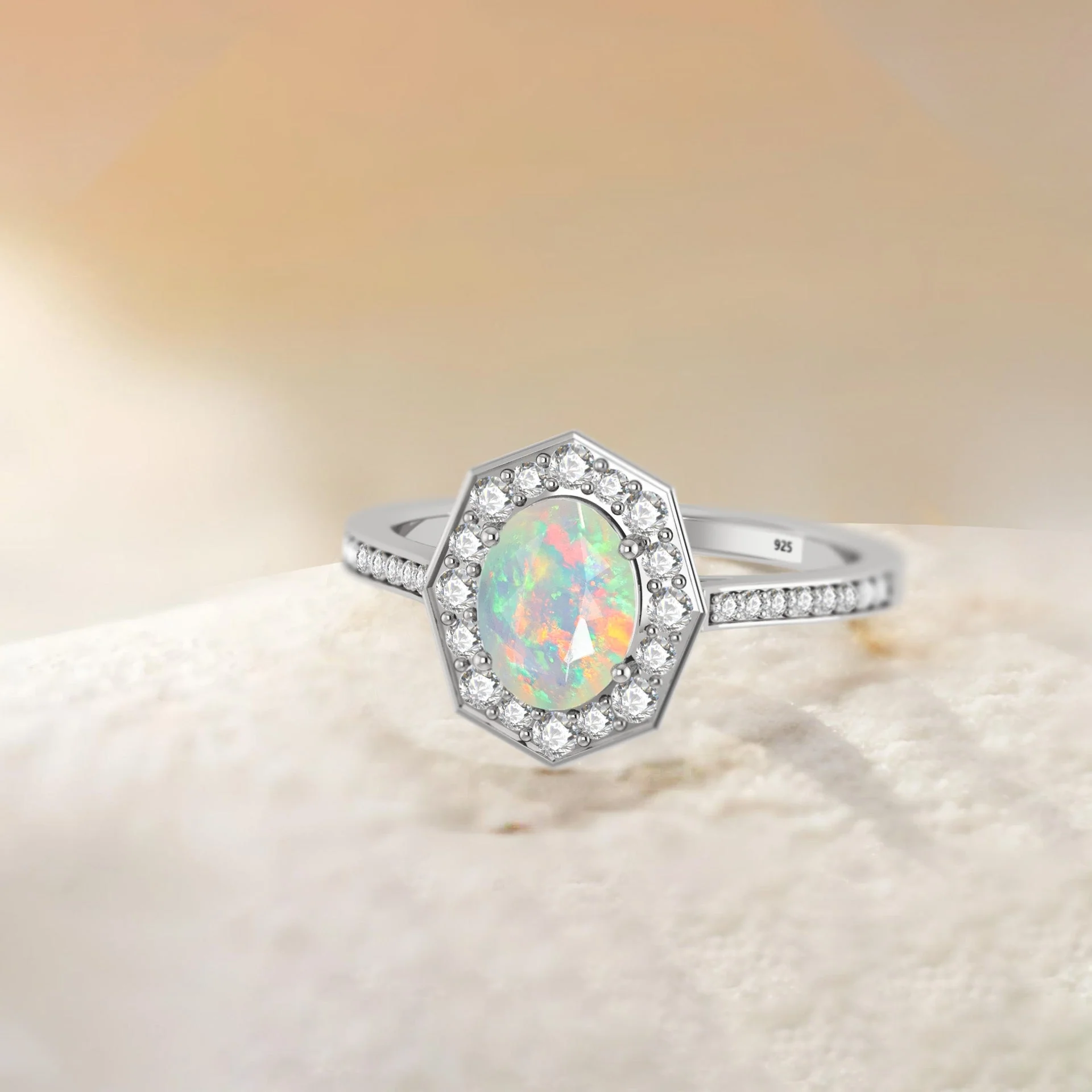 Natural White Opal with Zircon Engagement Halo Ring - Image 6