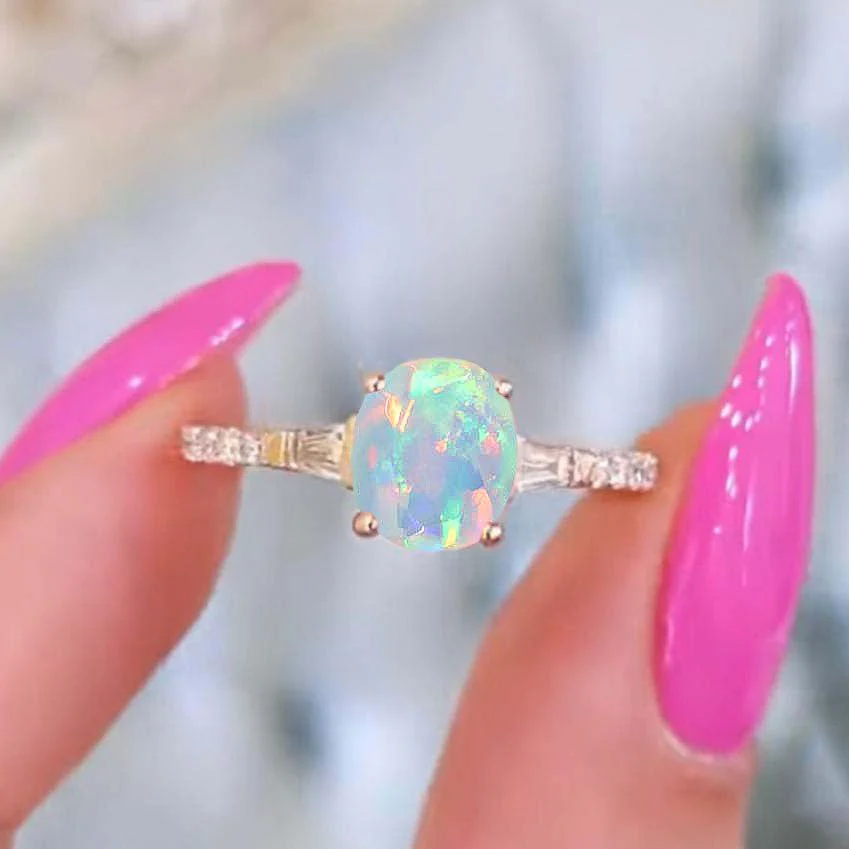 Natural White Opal with Zircon Three Stone Engagement Ring - Image 3