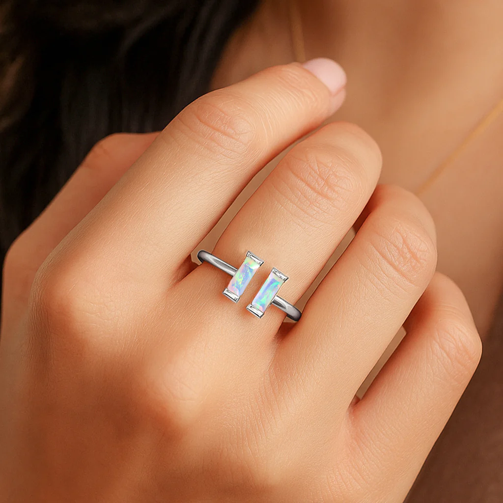 Natural White Vertical Opal Baguette Open Ring in 925 Sterling Silver 5x2mm 0.50ct - Image 2