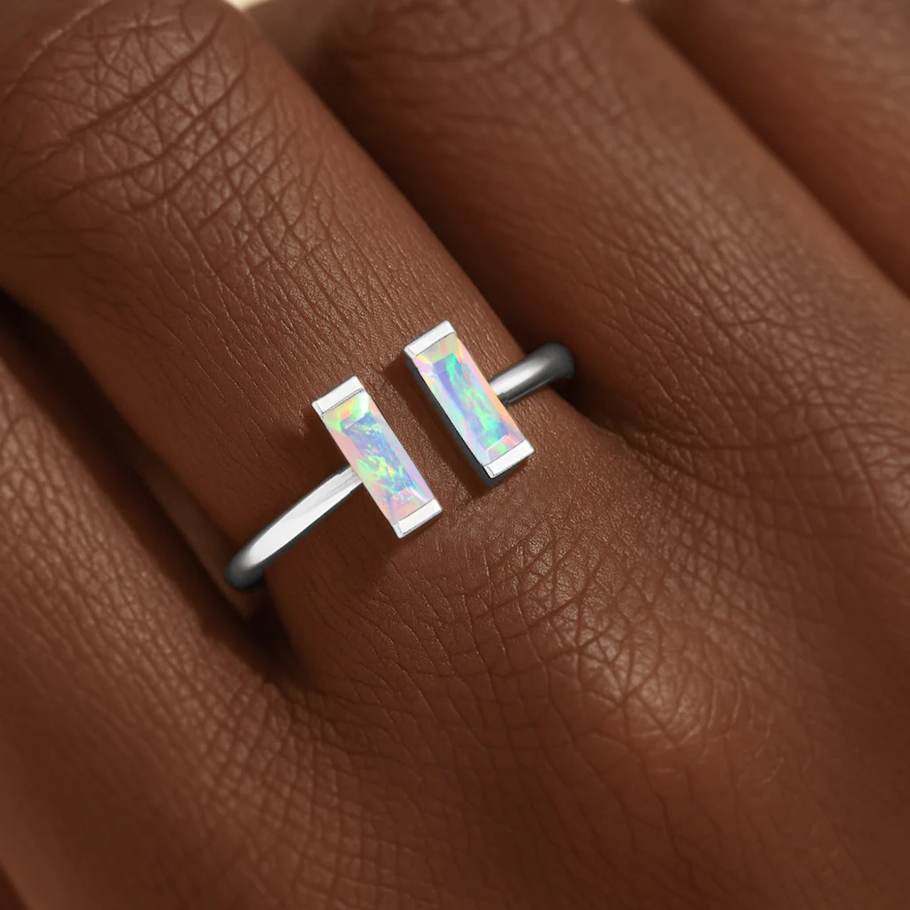 Natural White Vertical Opal Baguette Open Ring in 925 Sterling Silver 5x2mm 0.50ct - Image 3