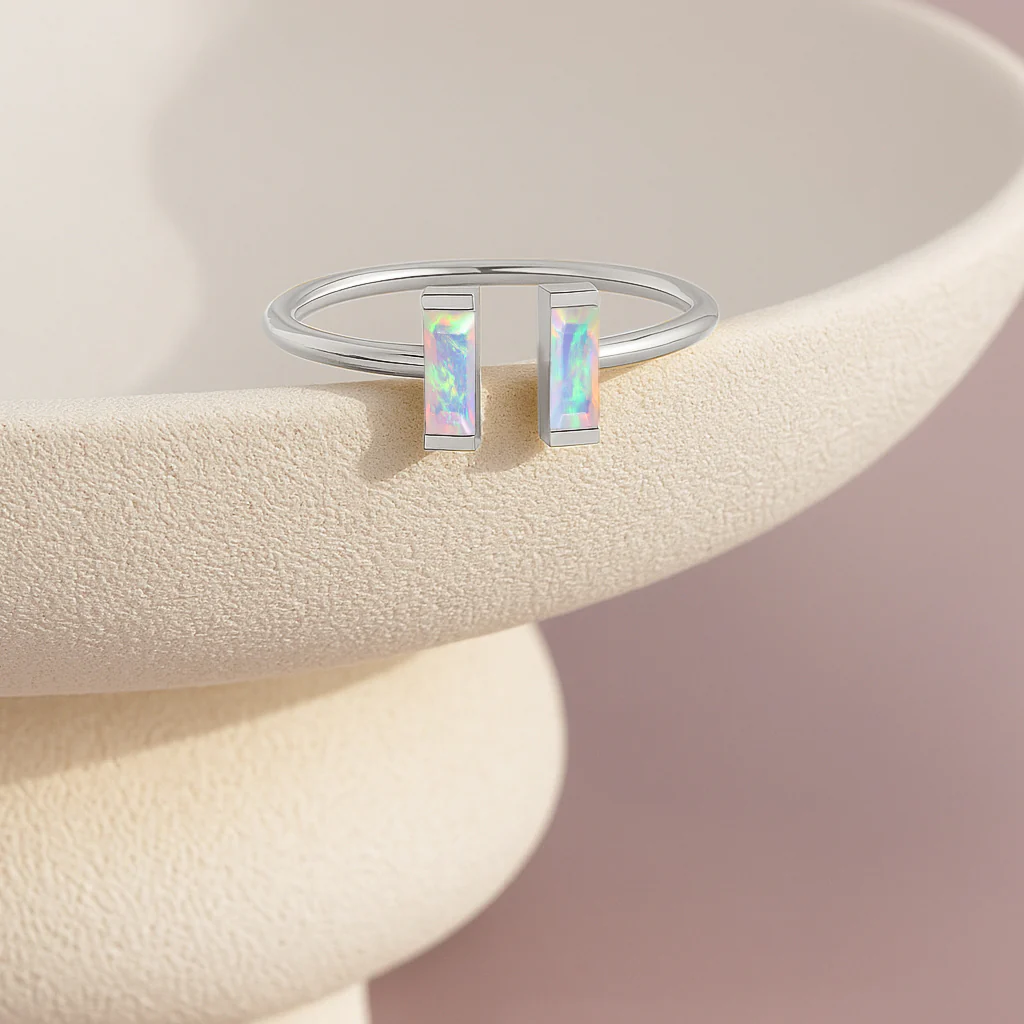 Natural White Vertical Opal Baguette Open Ring in 925 Sterling Silver 5x2mm 0.50ct - Image 4