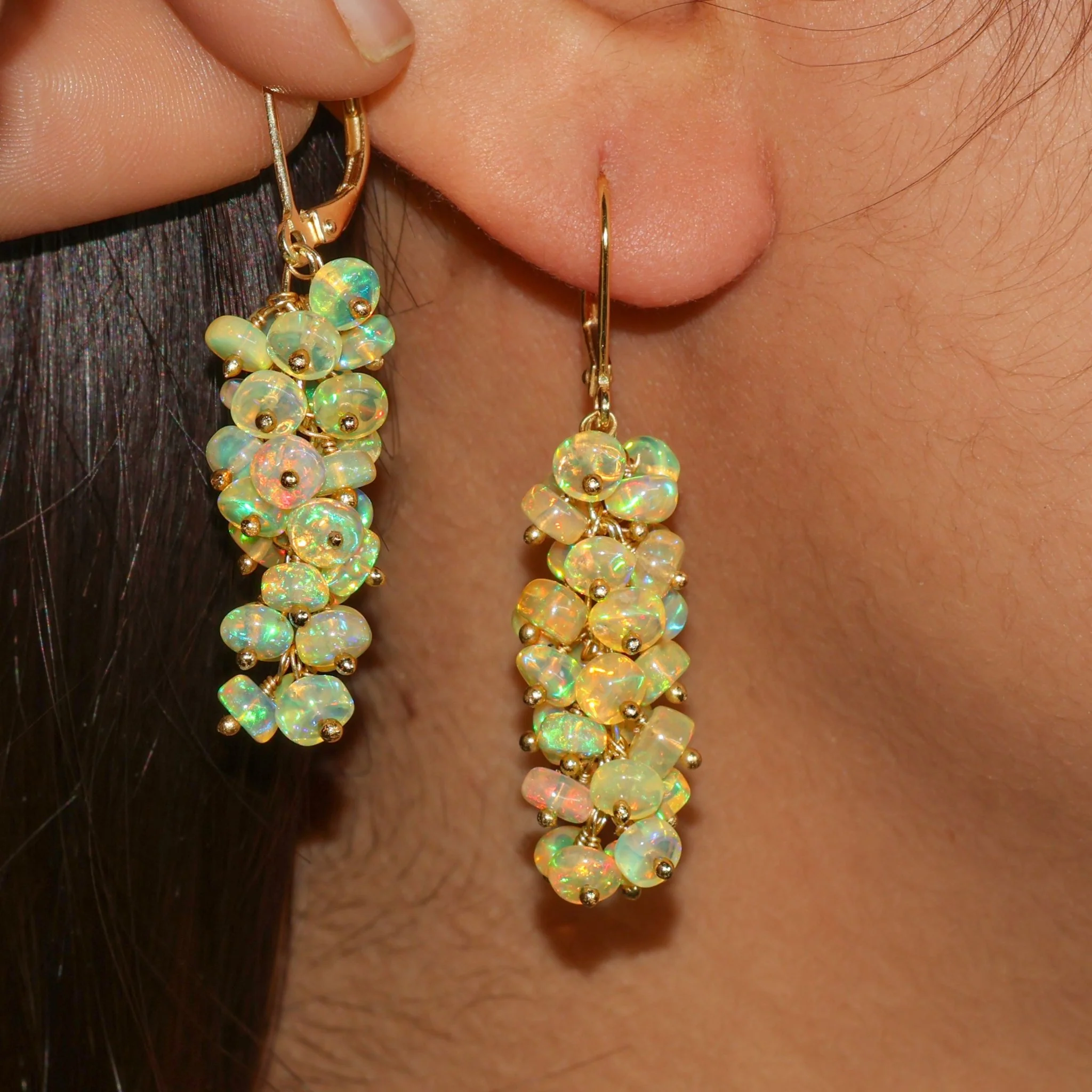 Natural Yellow Opal Beaded Cluster Dangle Earrings - Image 2