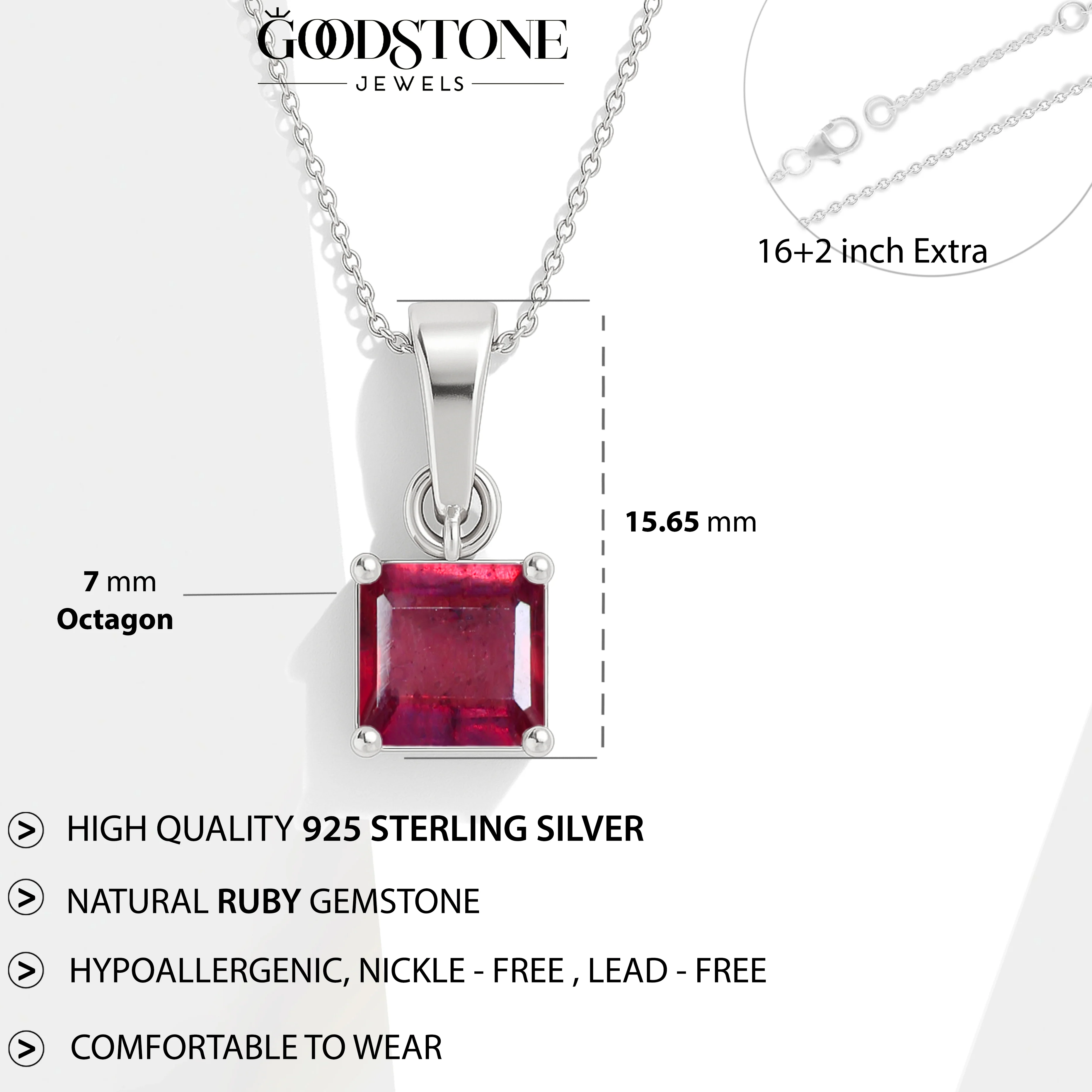 Octagon Ruby Solitaire Pendant Necklace in 925 Sterling Silver 7mm Stone 1.50ct - Image 5