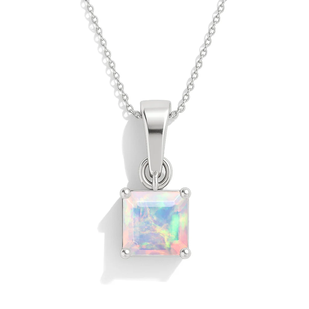 Octagon White Opal Solitaire Pendant Necklace in 925 Sterling Silver 7mm Stone 1.20ct