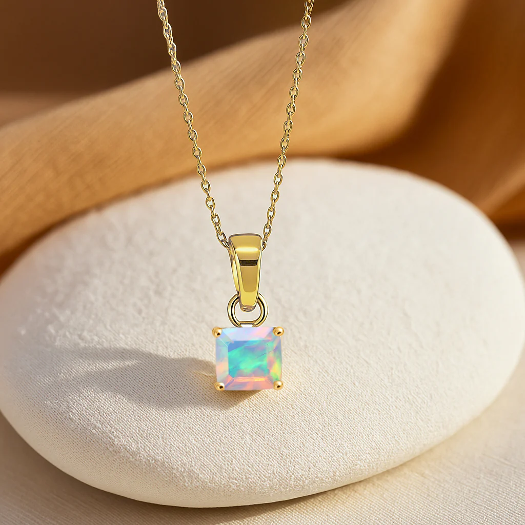 Octagon White Opal Solitaire Pendant Necklace in 925 Sterling Silver 7mm Stone 1.20ct - Image 7