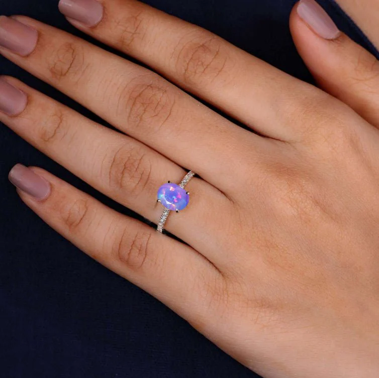 Oval Lavender fire Ethiopian opal wedding ring - Image 2