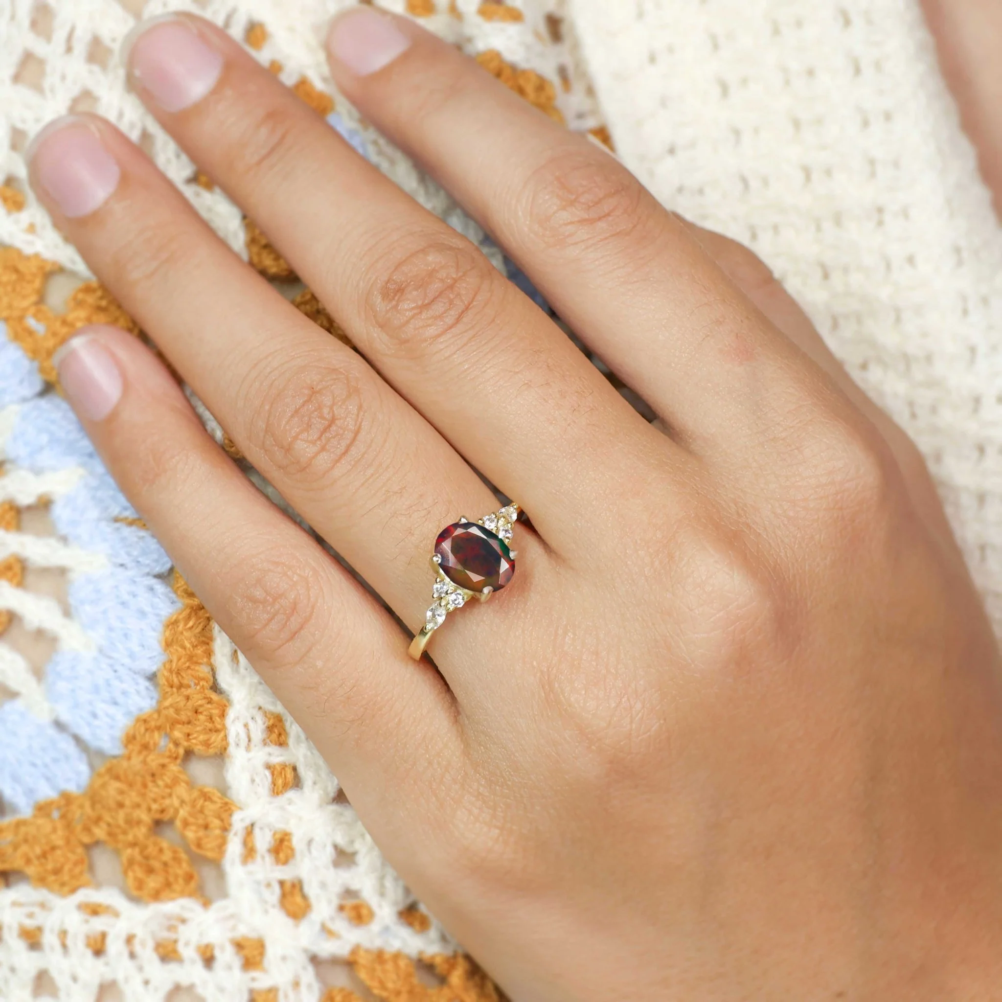 Oval Shape Natural Black Opal & White Zircon Solitaire with Accents Ring - Image 3
