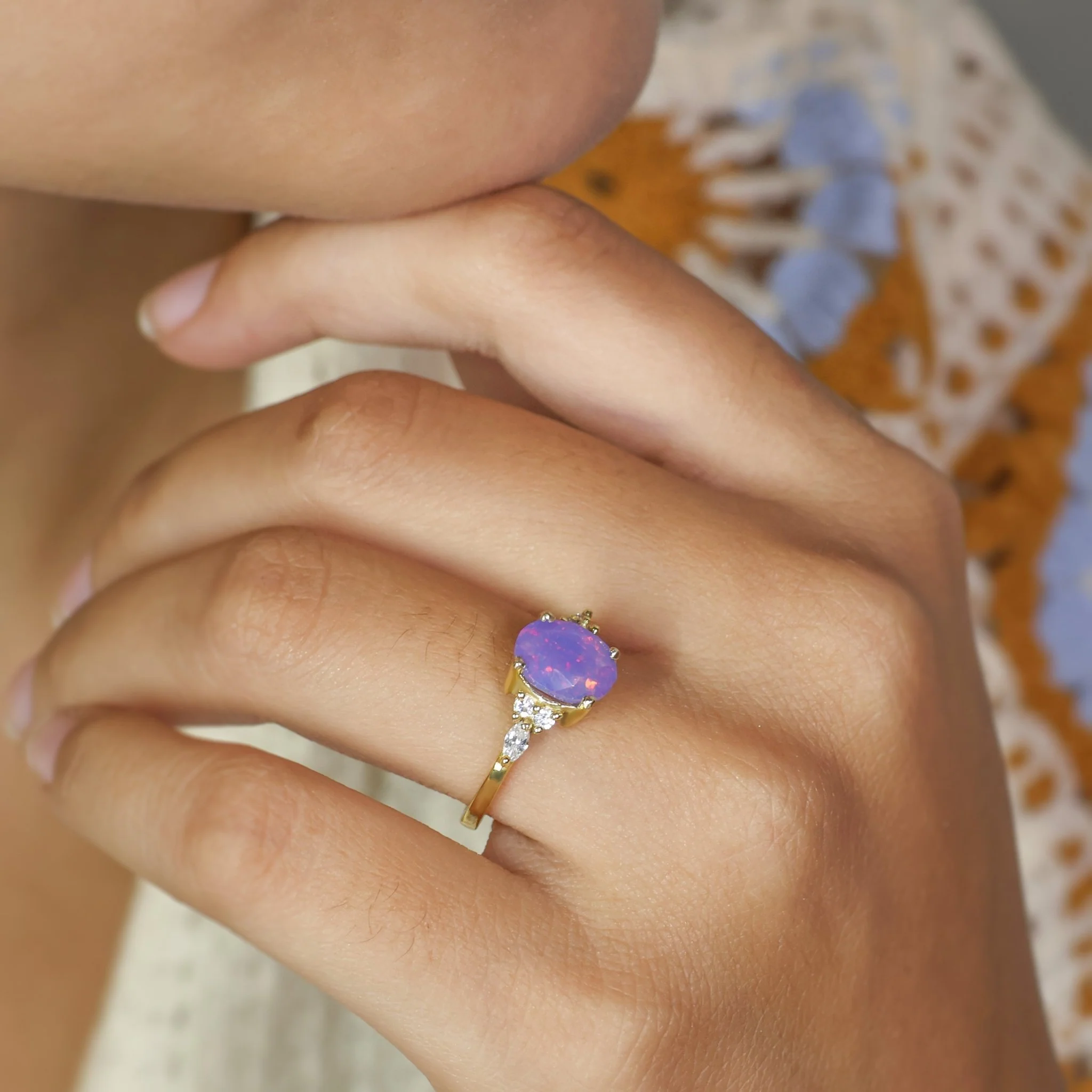 Oval Shape Natural Lavender Opal & Zircon Solitaire with Accents Ring - Image 3