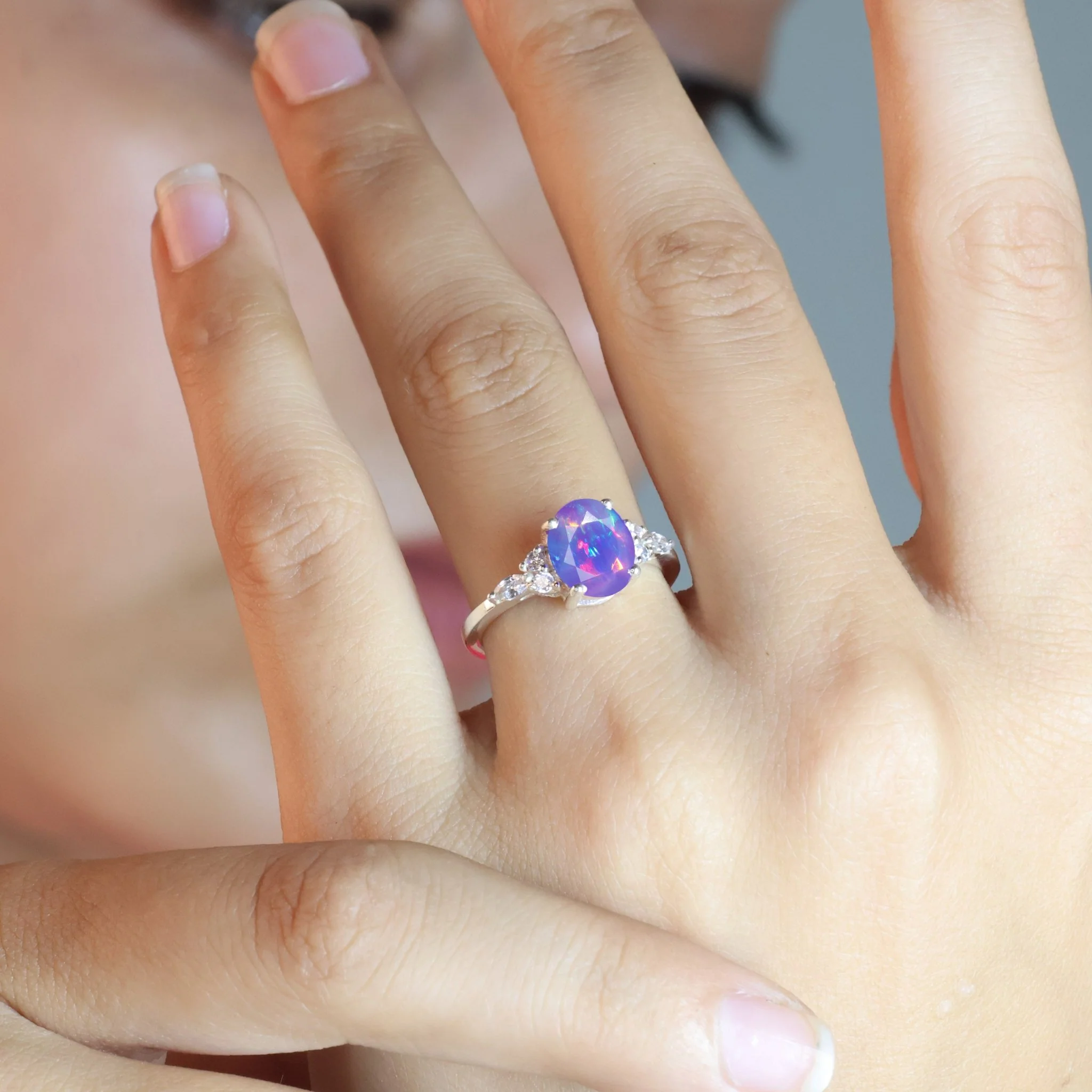 Oval Shape Natural Lavender Opal & Zircon Solitaire with Accents Ring - Image 4