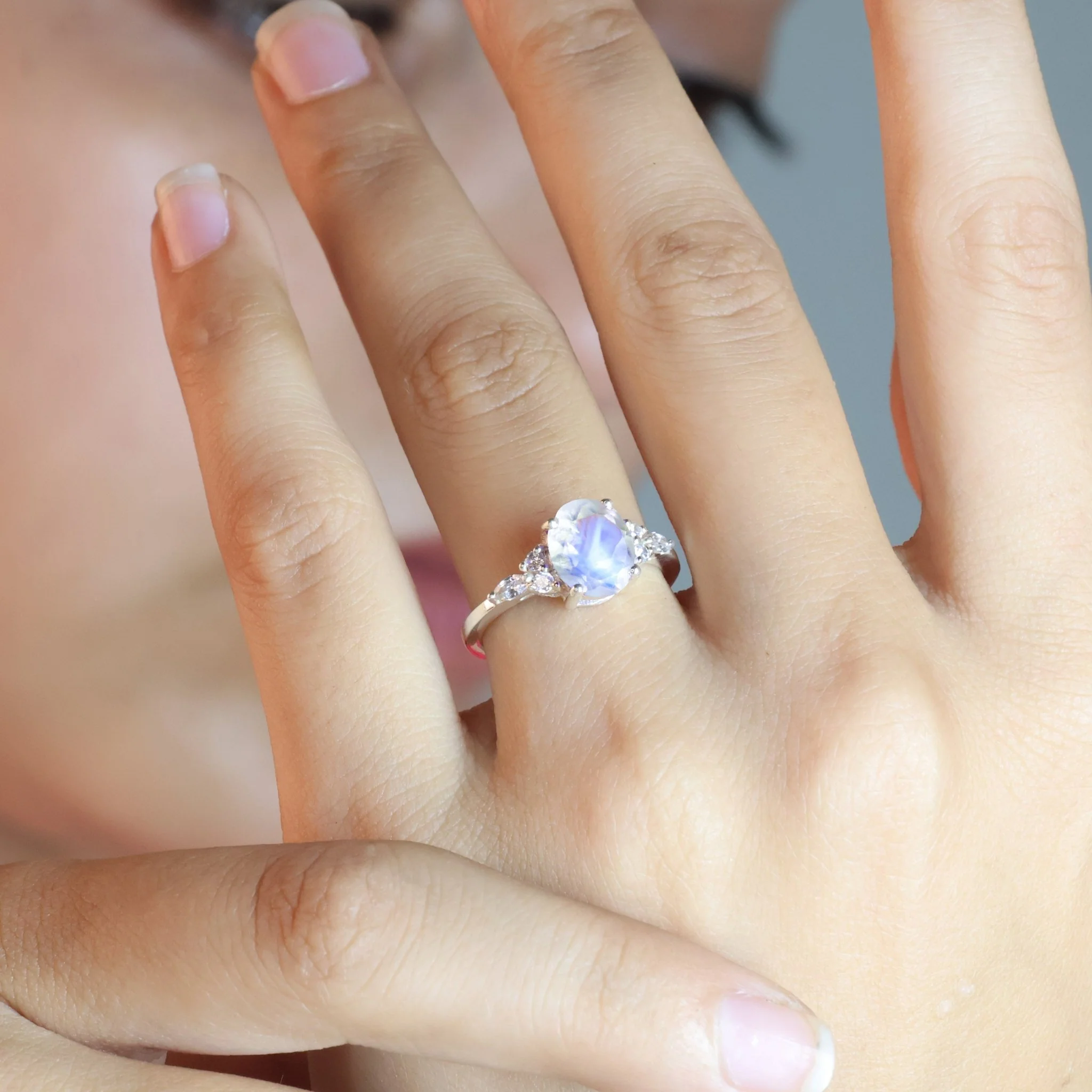 Oval Shape Natural Moonstone & White Zircon Solitaire with Accents Ring - Image 3