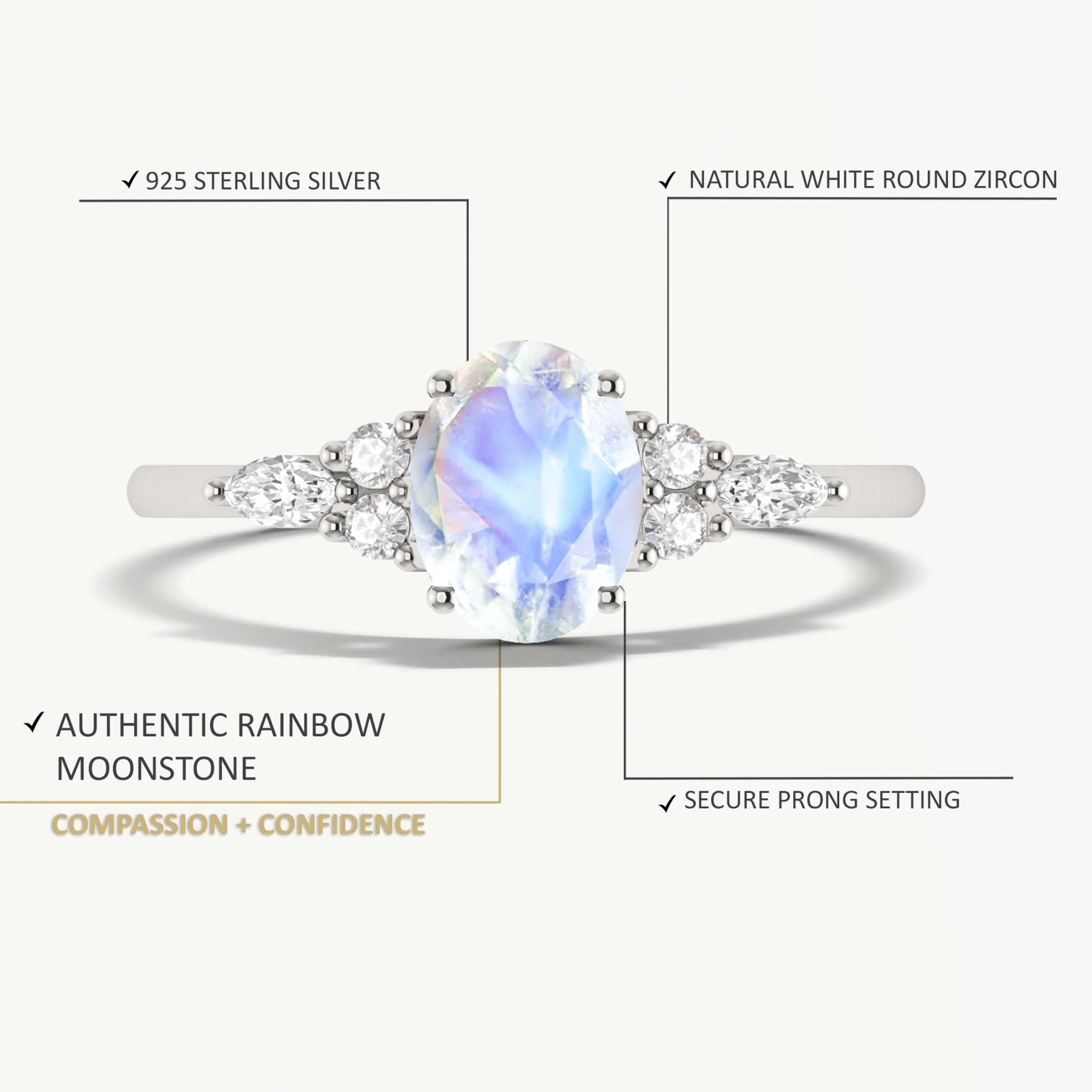 Oval Shape Natural Moonstone & White Zircon Solitaire with Accents Ring - Image 5