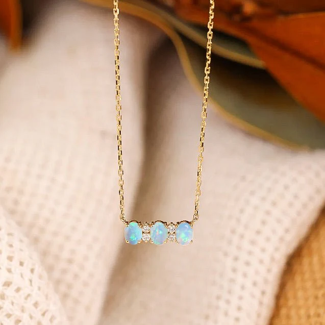 Oval Shape Natural White Opal  3 Stone Pendant Necklace - Image 3