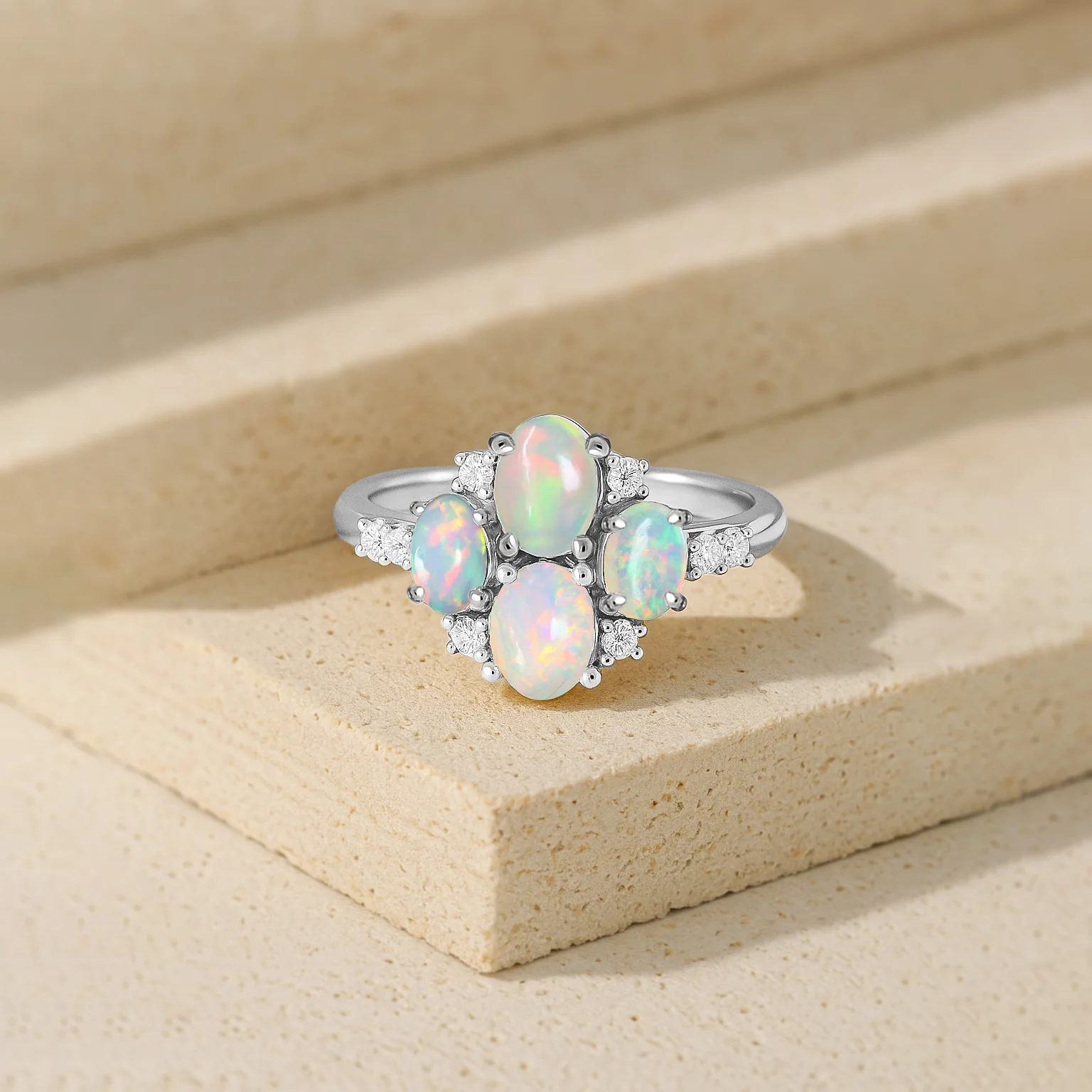 Oval White Opal Cluster Ring in Sterling Silver Elegant 6x4mm Gem - Image 5