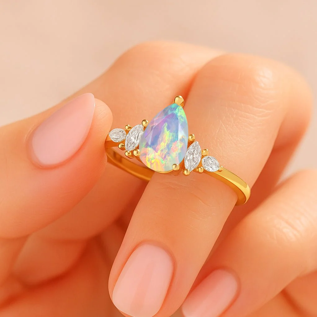 Pear Cut White Opal Solitaire Ring with Zirconia - Image 2