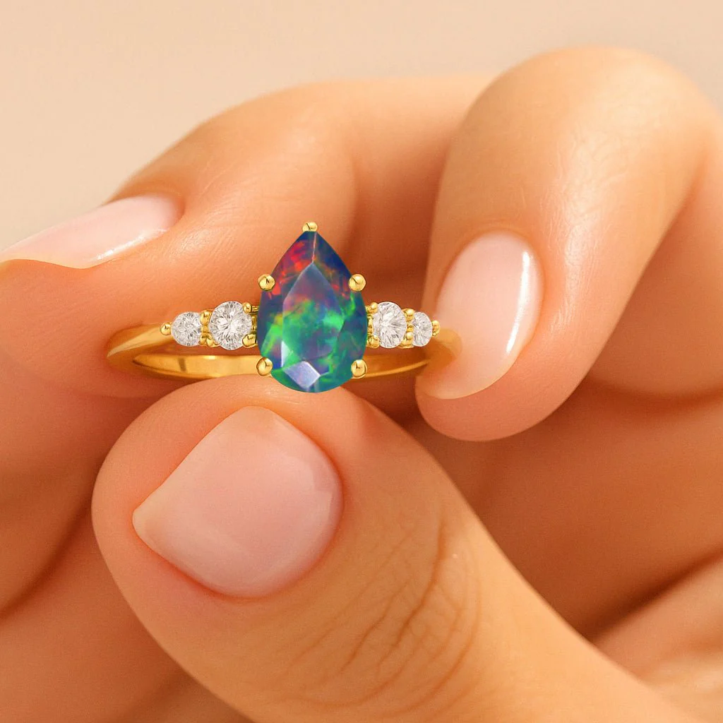 Pear Shape Black Opal Statement Solitaire Ring 7x5MM - Image 4