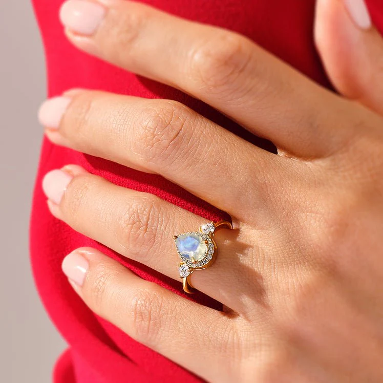 Pear Shape Faceted Natural Moonstone Halo Ring - Image 2