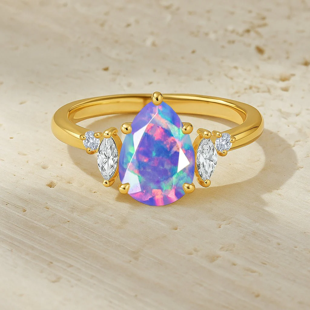 Pear Shape Lavender Opal Ring with Cubic Zironia - Image 4