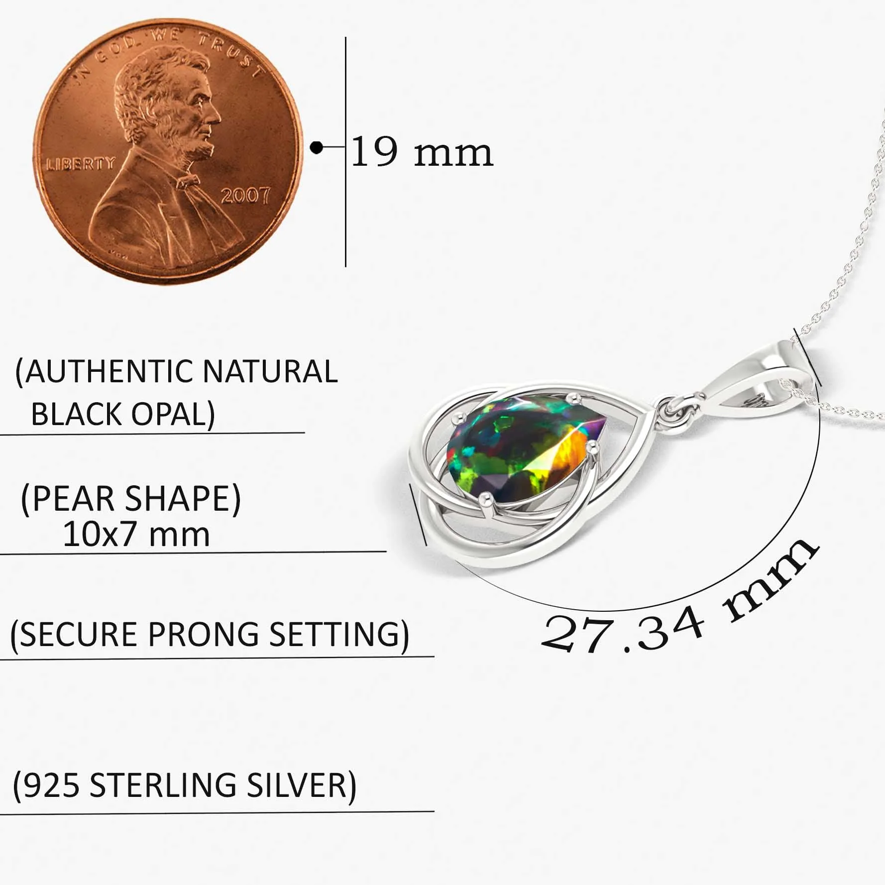 Pear Shape Natural Black Opal Solitaire Pendant Chain Necklace - Image 5