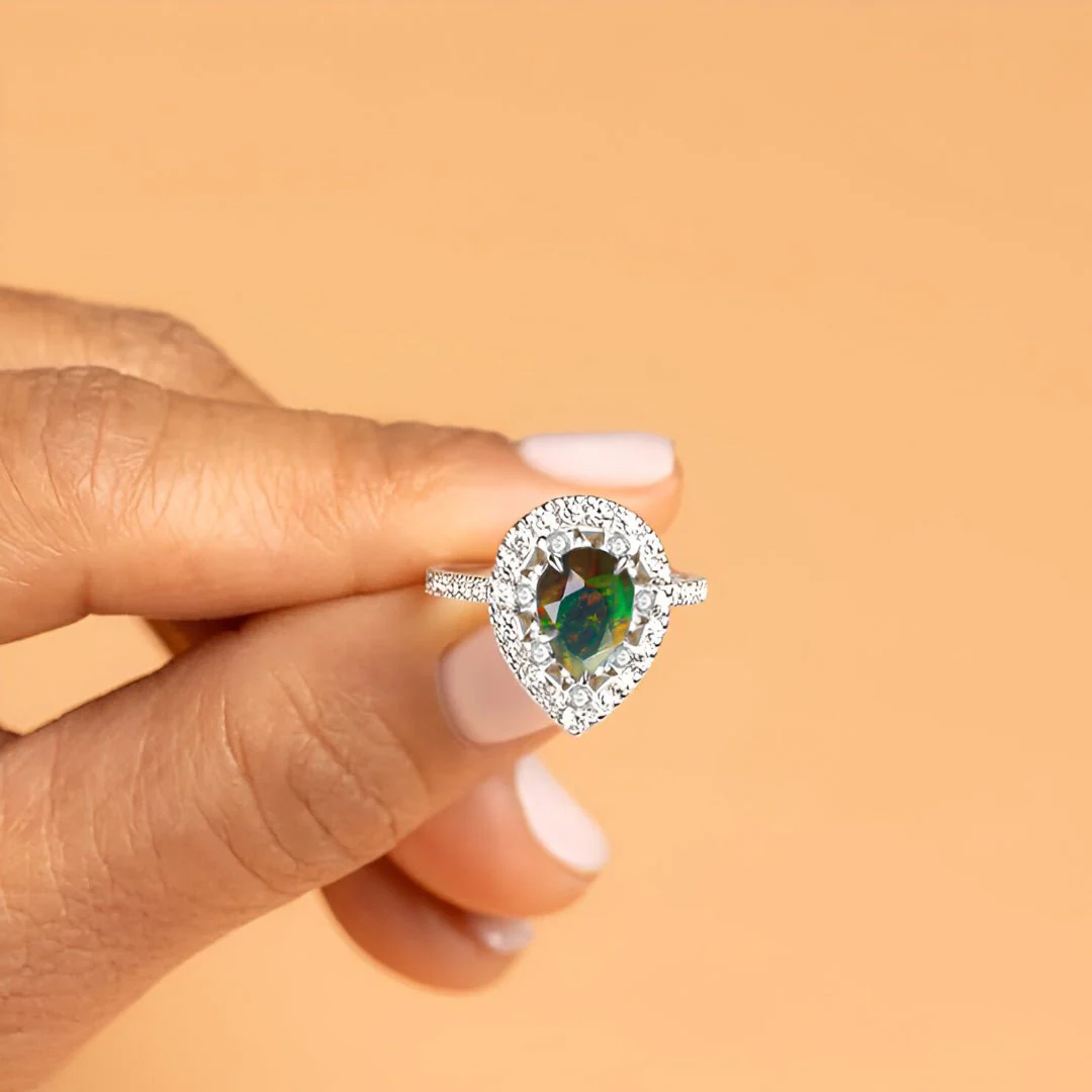 Pear Shape Natural Black Opal Statement Halo Ring - Image 2
