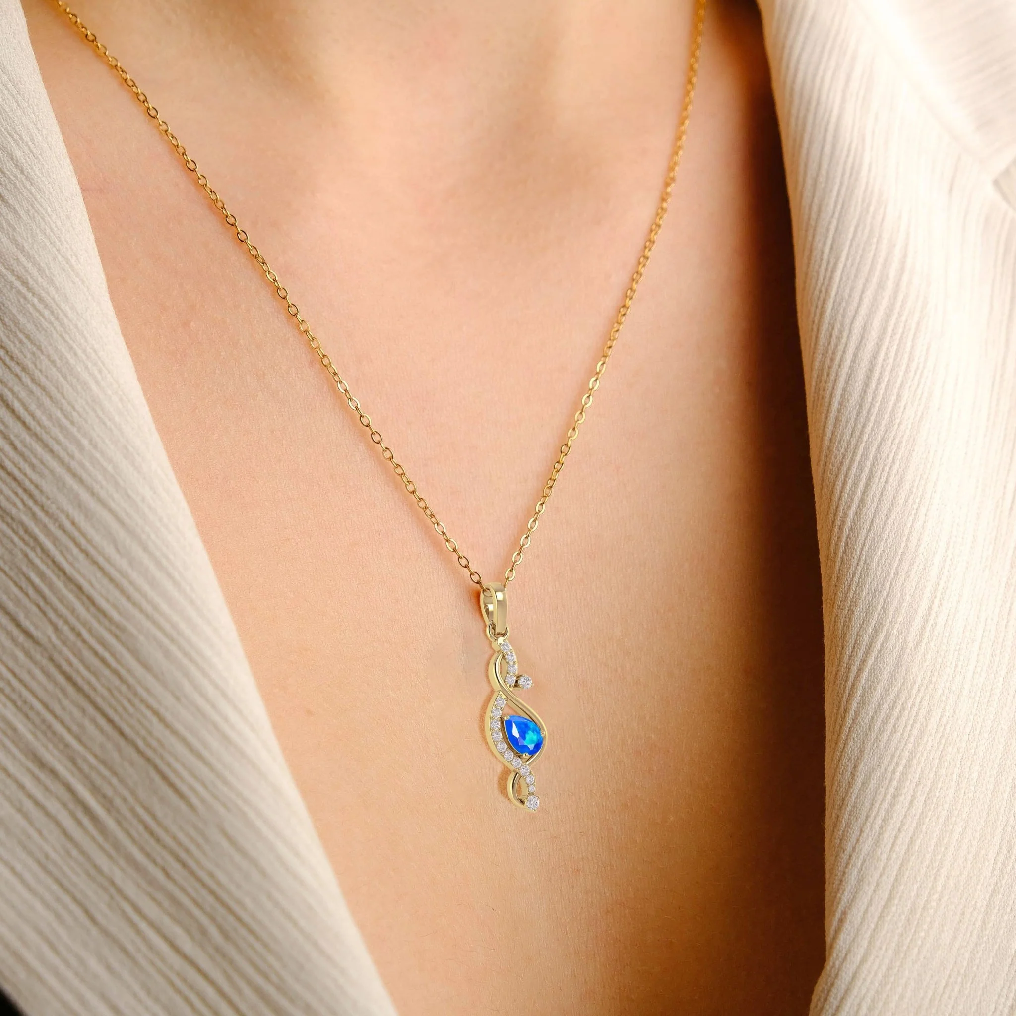Pear Shape Natural Blue Opal Designer Pendant Necklace - Image 3