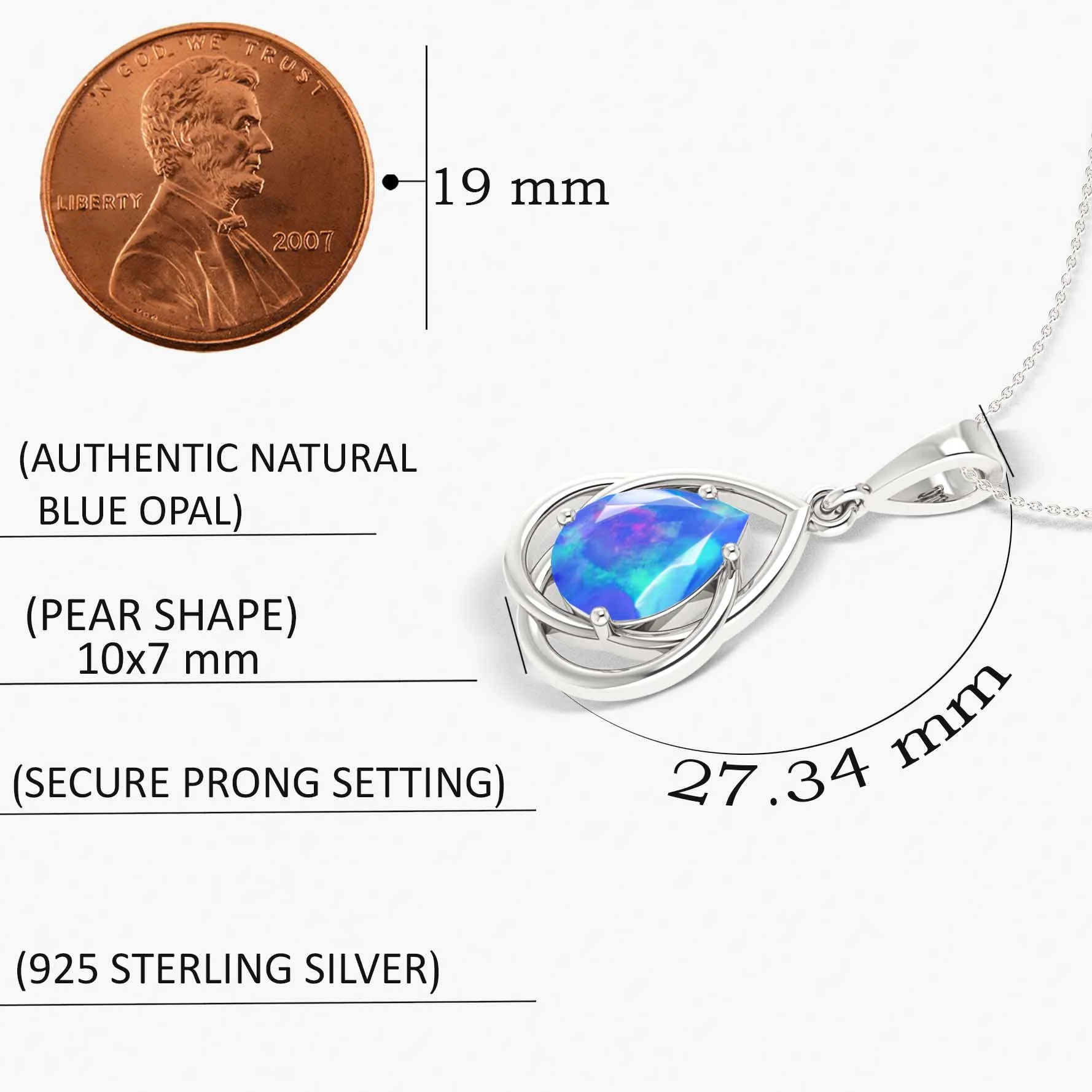 Pear Shape Natural Blue Opal Solitaire Pendant Chain Necklace - Image 5