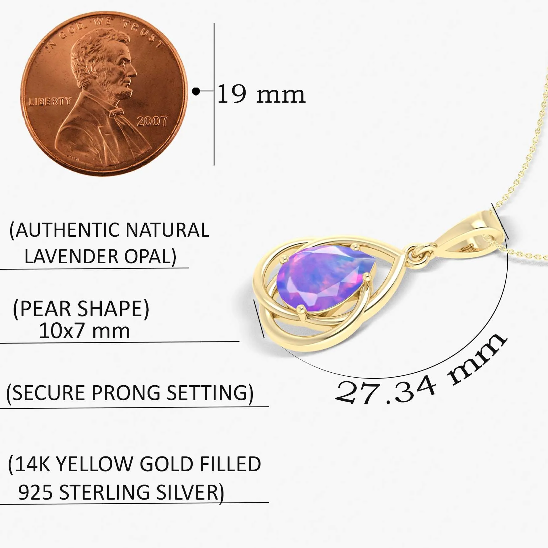 Pear Shape Natural Lavender Opal Solitaire Pendant Chain Necklace - Image 5