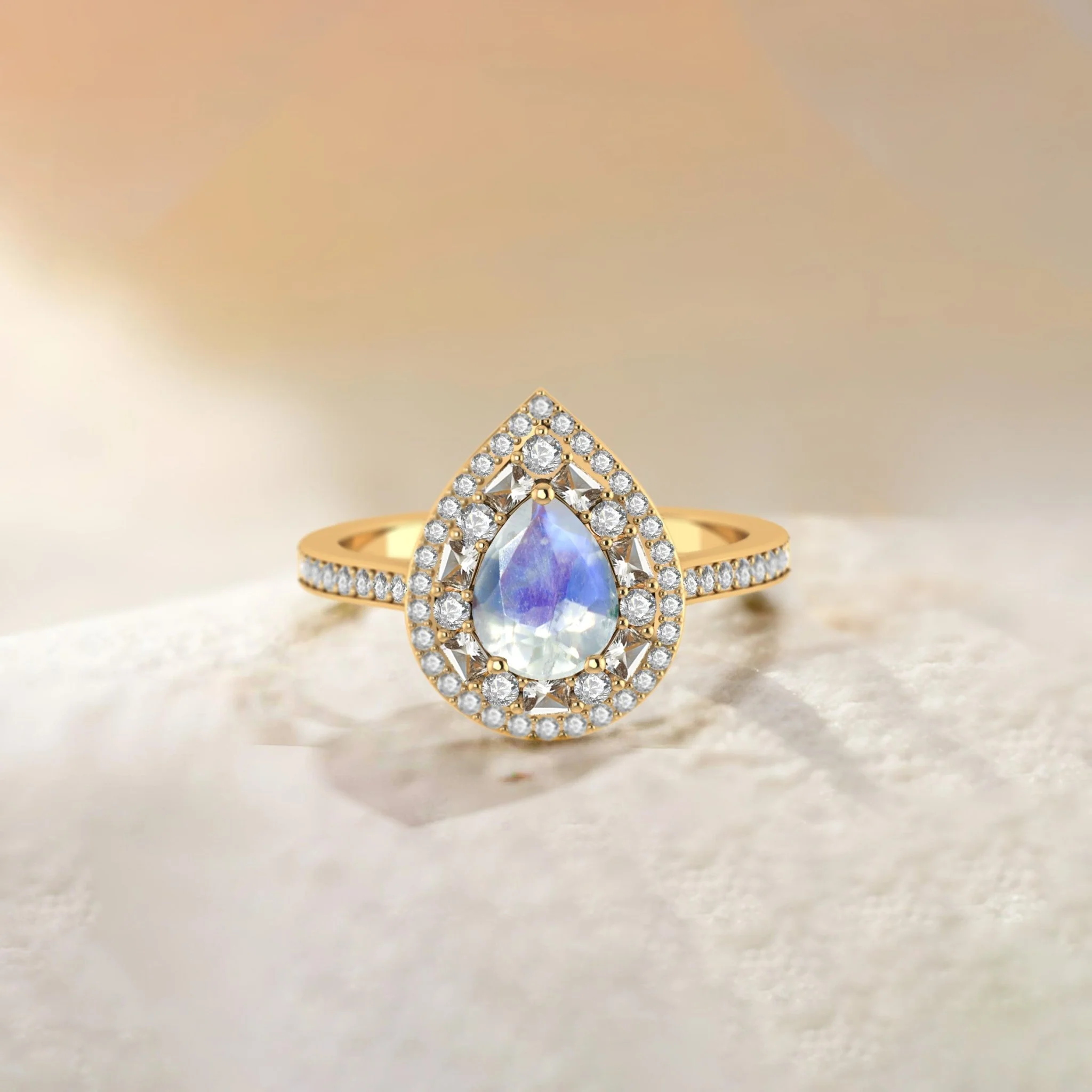 Pear Shape Natural Moonstone Statement Halo Ring - Image 3