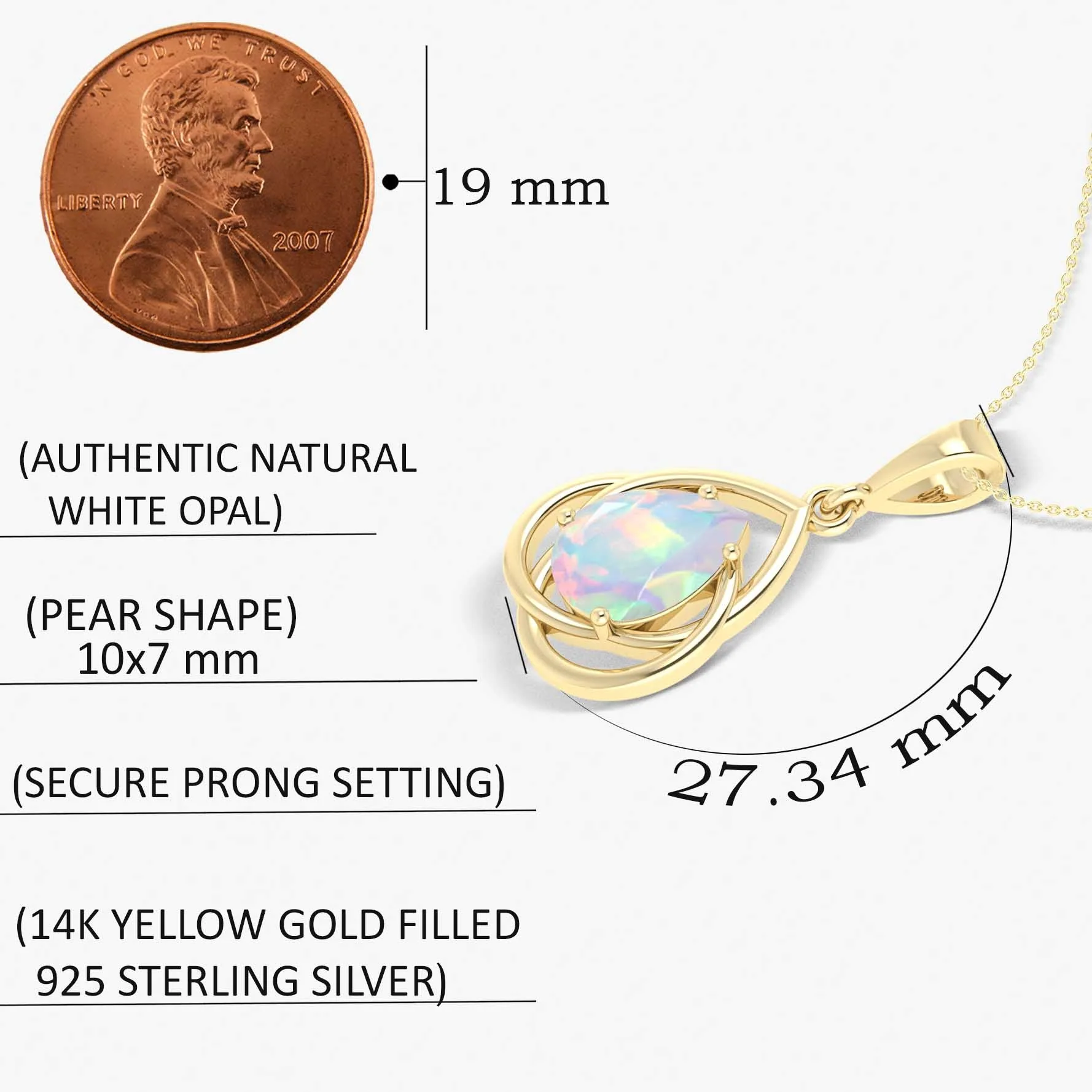 Pear Shape Natural White Opal Solitaire Pendant Chain Necklace - Image 5