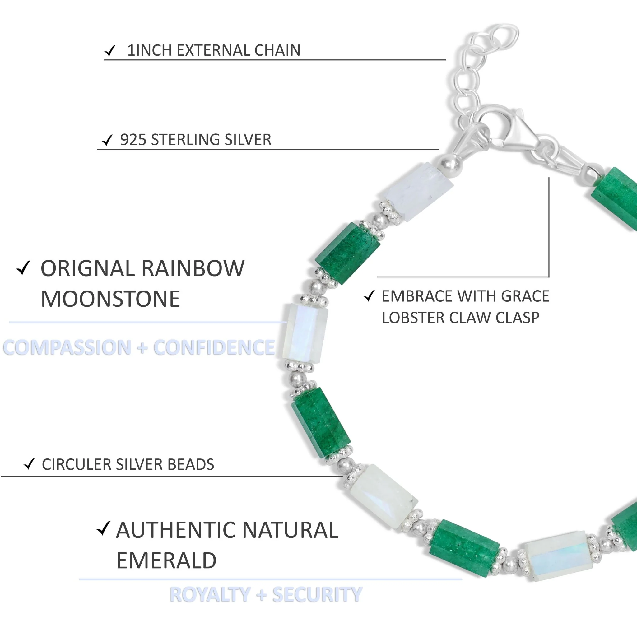PENCIL HEXAGON Natural Emerald & Moonstone Bracelet - Image 5