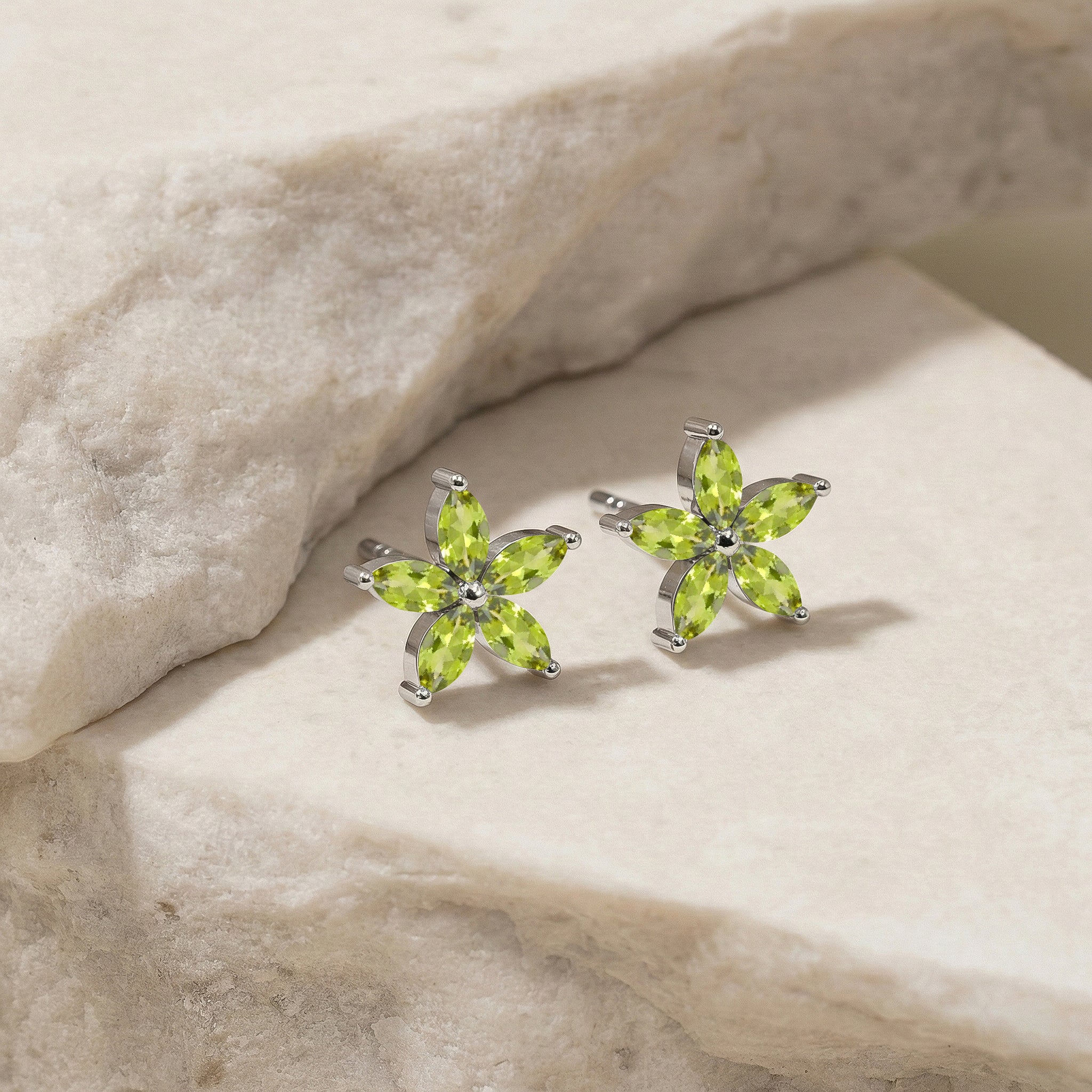 Peridot Flower and Marquis Shape Stud Earring in 925 Sterling Silver 4X2 MM 3ct. - Image 3