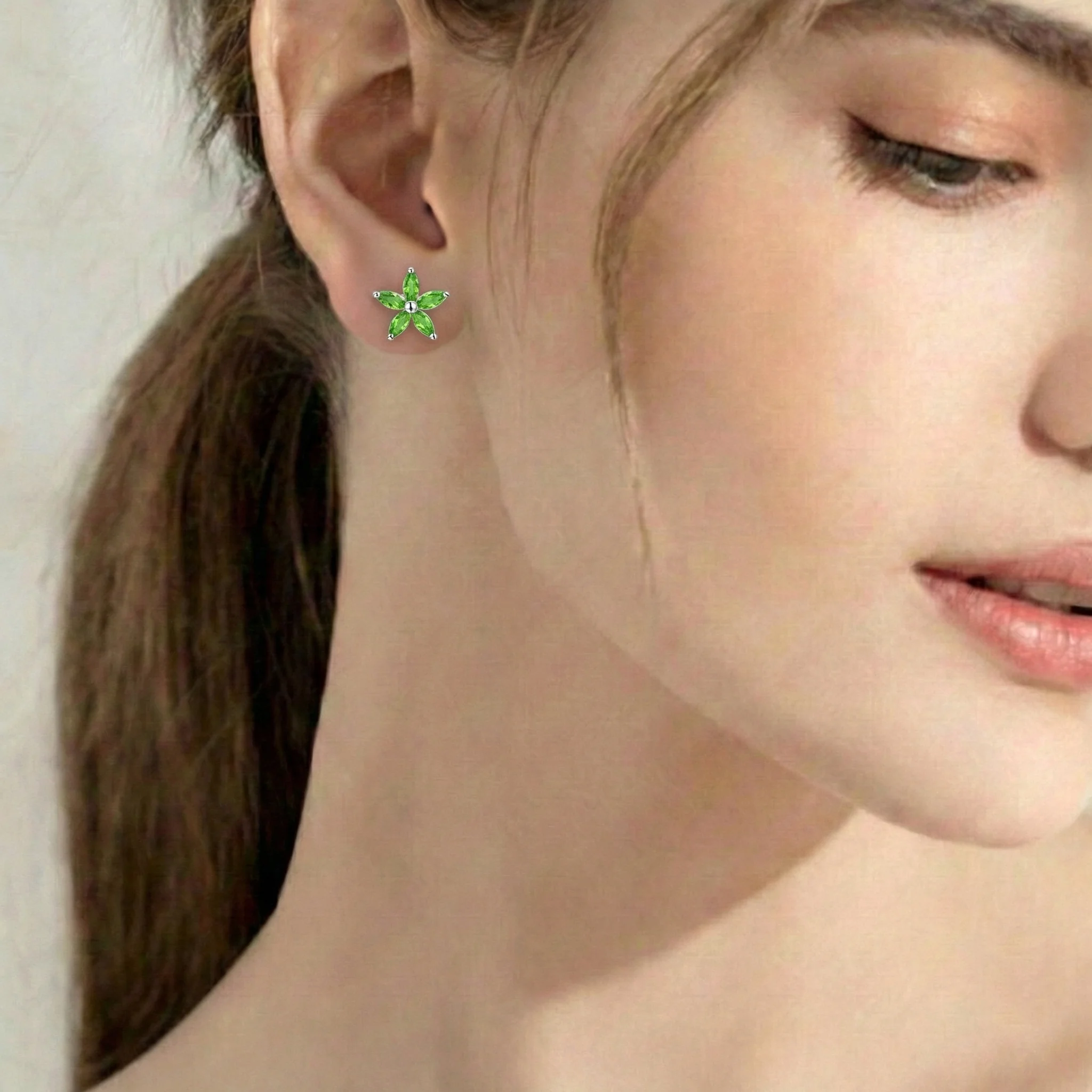 Peridot Flower and Marquis Shape Stud Earring in 925 Sterling Silver 4X2 MM 3ct. - Image 5