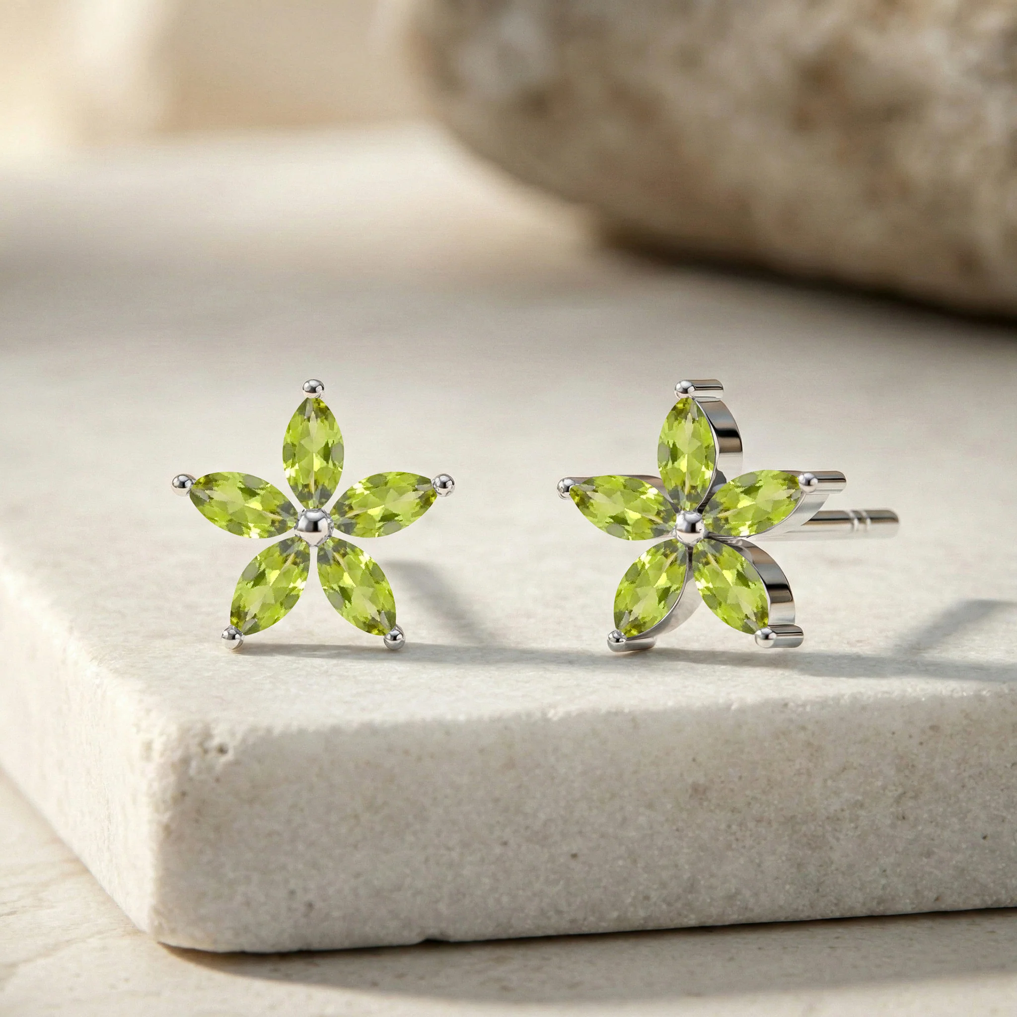 Peridot Flower and Marquis Shape Stud Earring in 925 Sterling Silver 4X2 MM 3ct. - Image 7