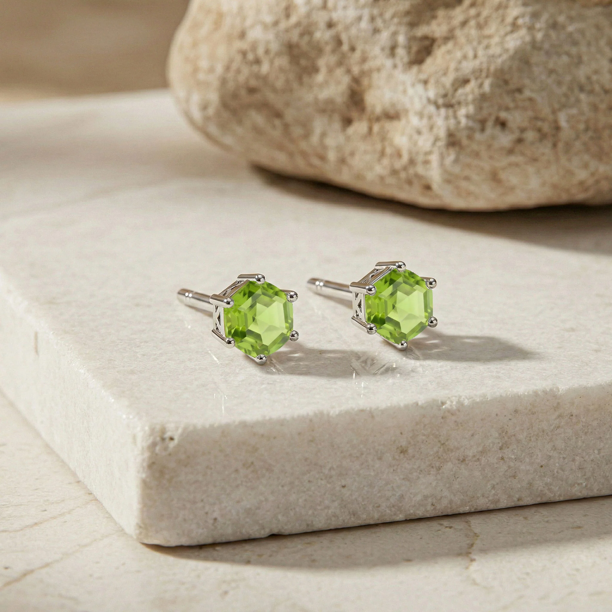 Peridot Hexagon Stud Earring in 925 Sterling Silver 6 MM 2ct - Image 3