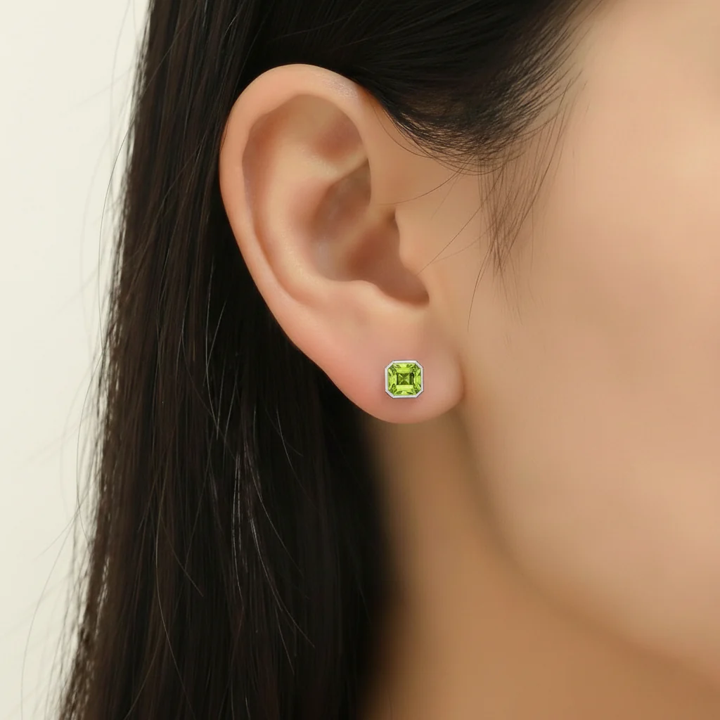 Peridot Octagon Stud Earring in 925 Sterling Silver 6MM 2ct. - Image 6