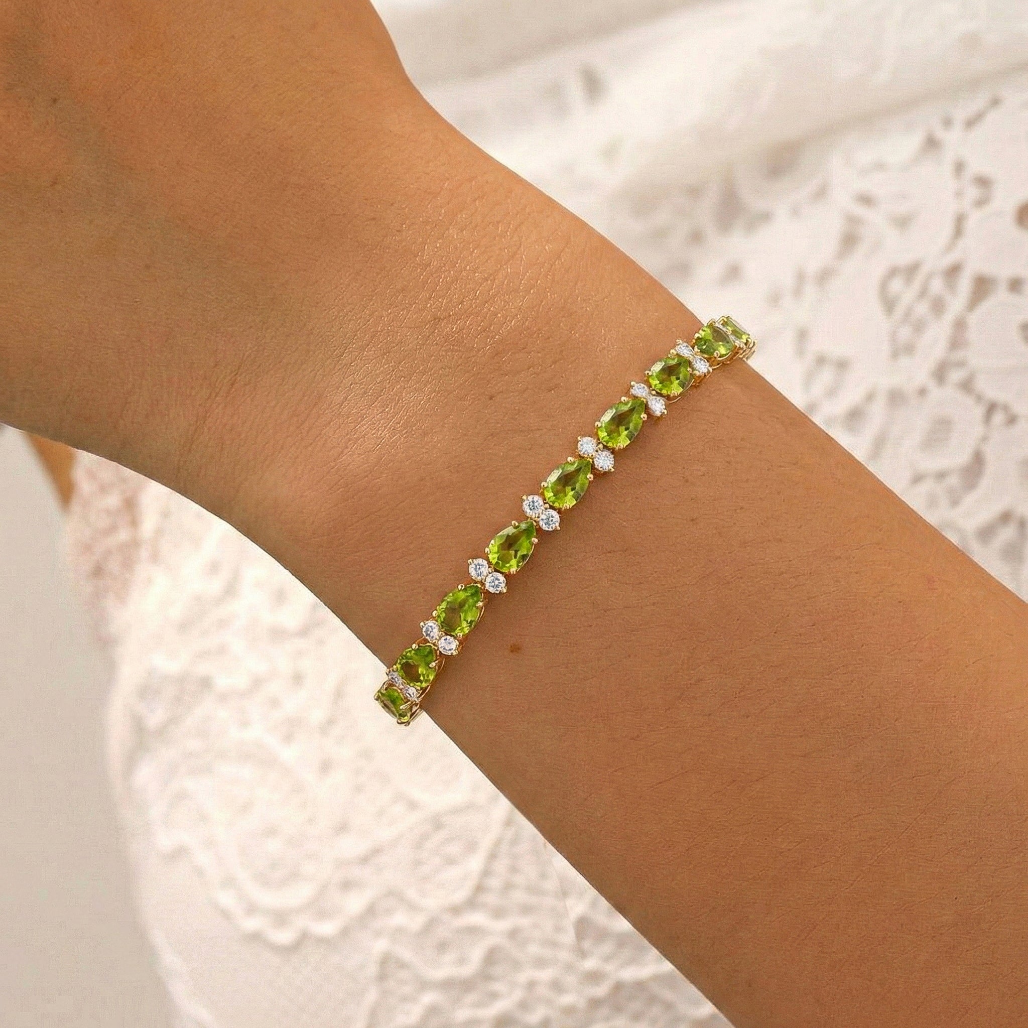 Peridot Pear & Round Bracelet 7x5 MM & 2.5 MM 18.9 Ct Fresh Green Style - Image 5
