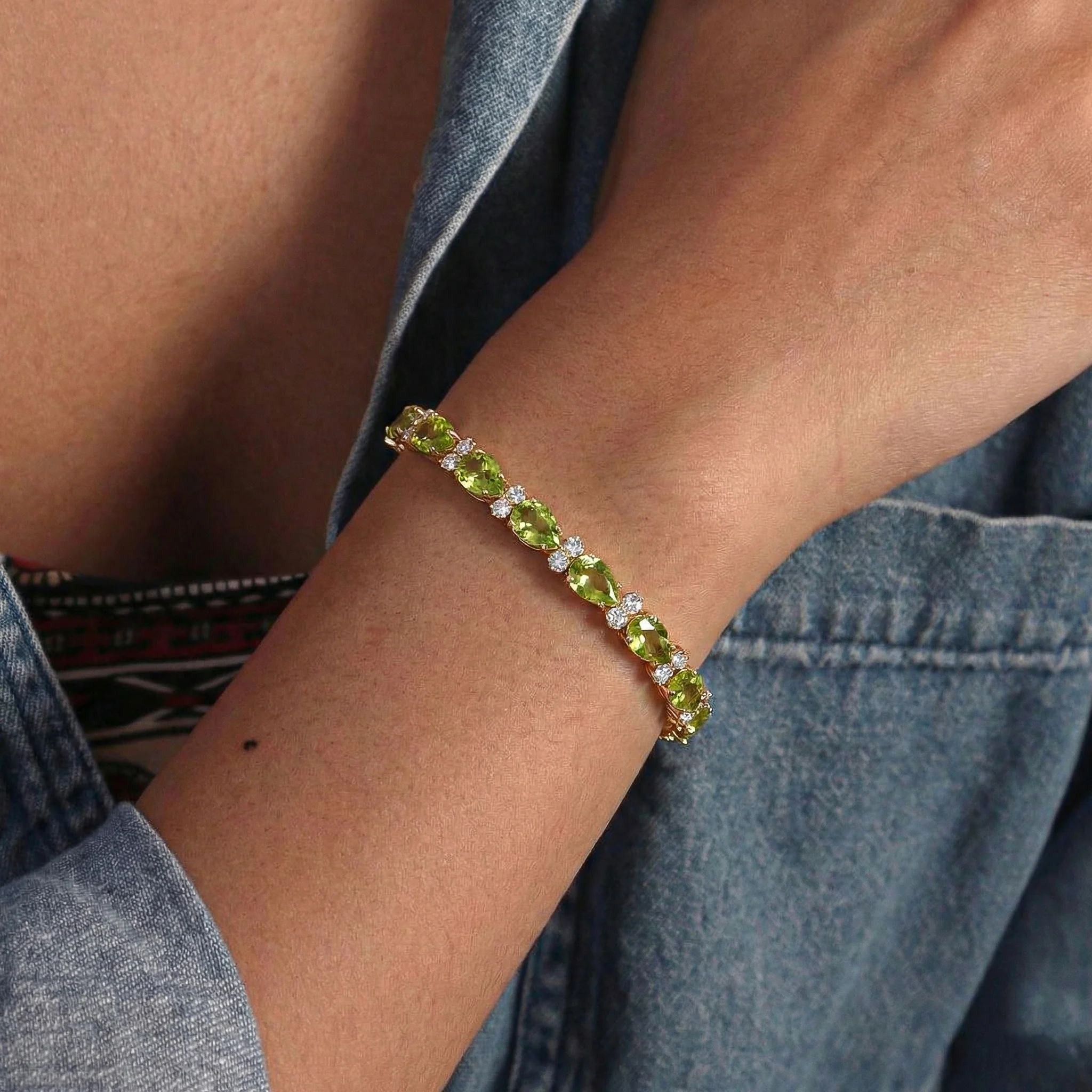 Peridot Pear & Round Bracelet 7x5 MM & 2.5 MM 18.9 Ct Fresh Green Style - Image 6