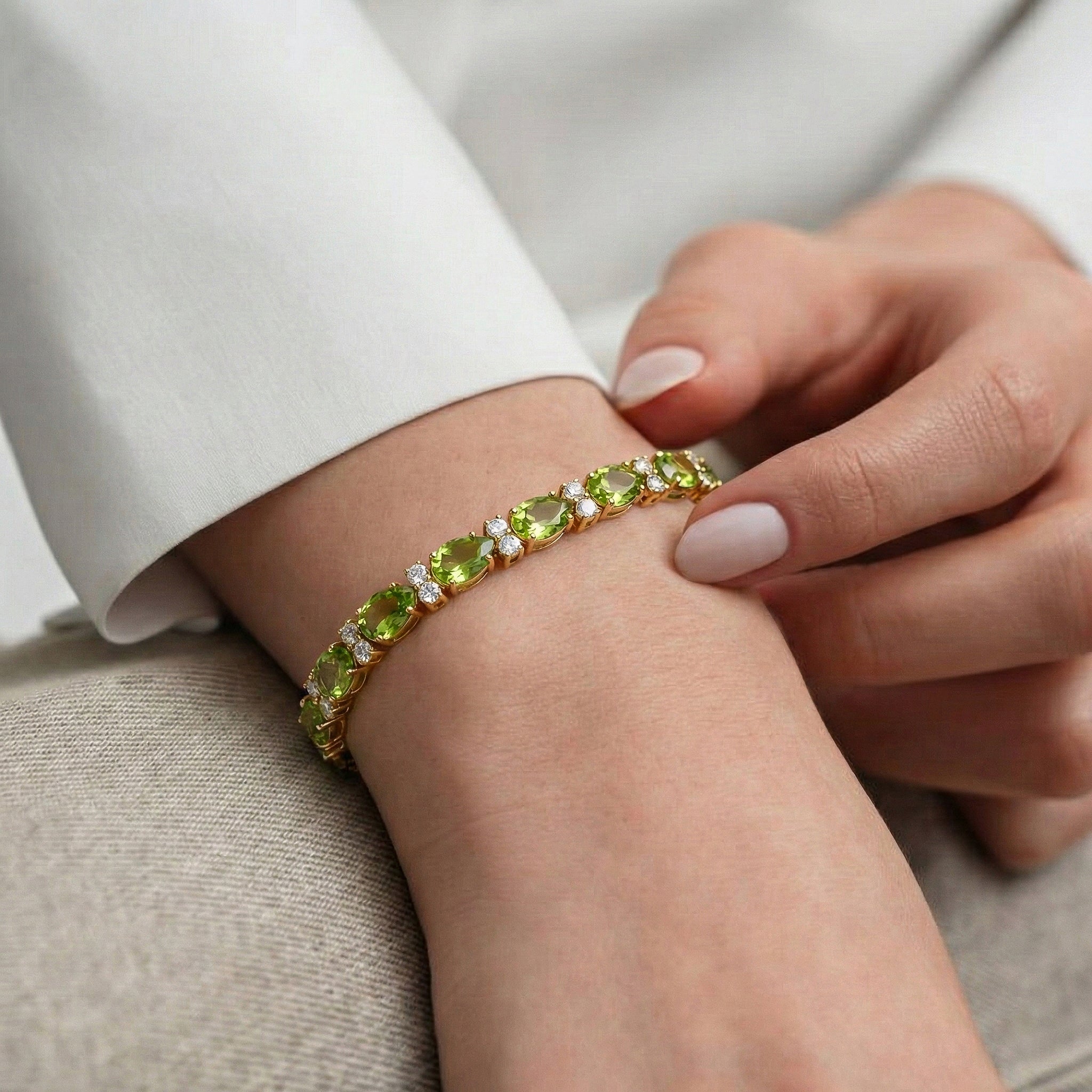 Peridot Pear & Round Bracelet 7x5 MM & 2.5 MM 18.9 Ct Fresh Green Style - Image 8