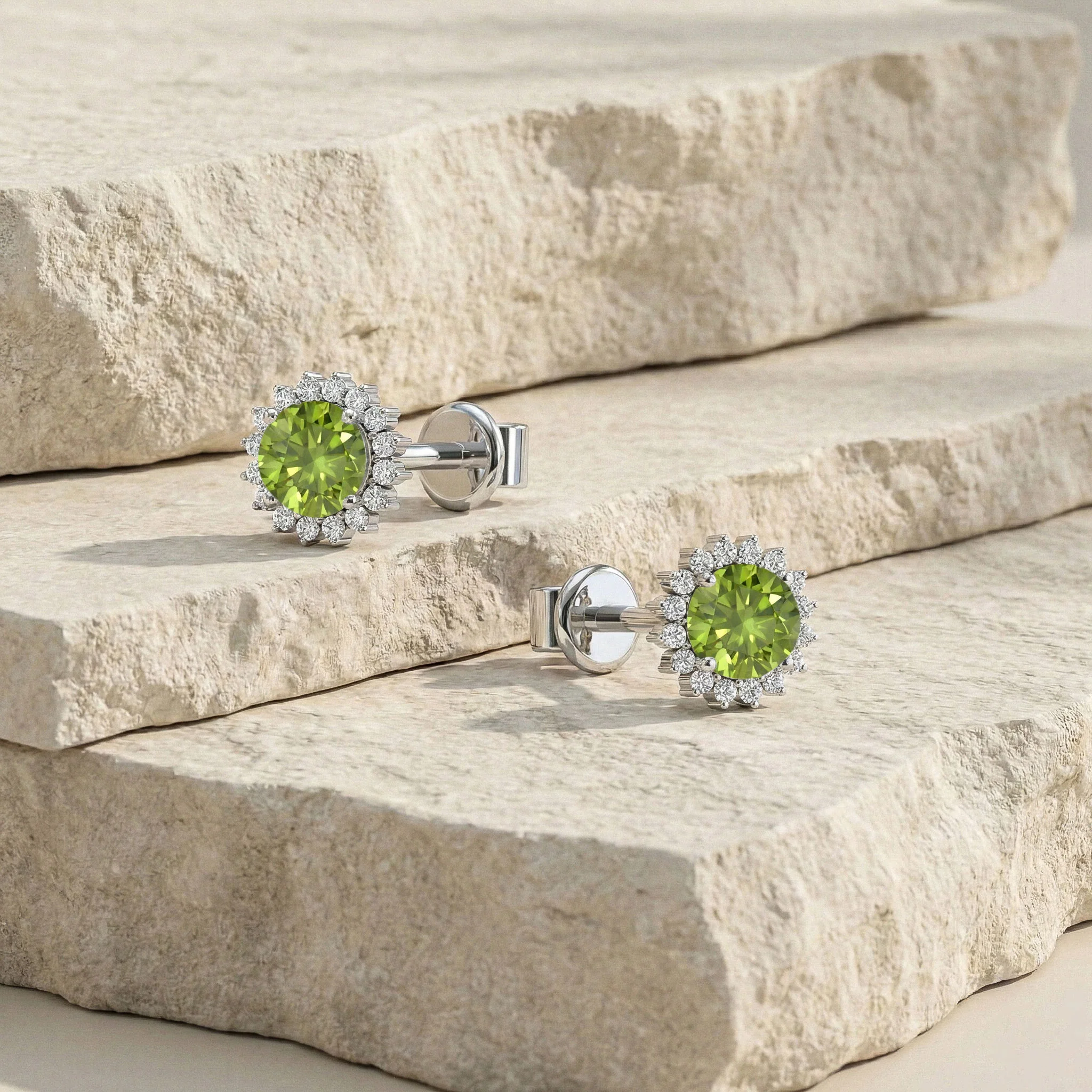 Peridot Round Halo Stud Earrings in 925 Sterling Silver 5 MM 1.3ct - Image 5