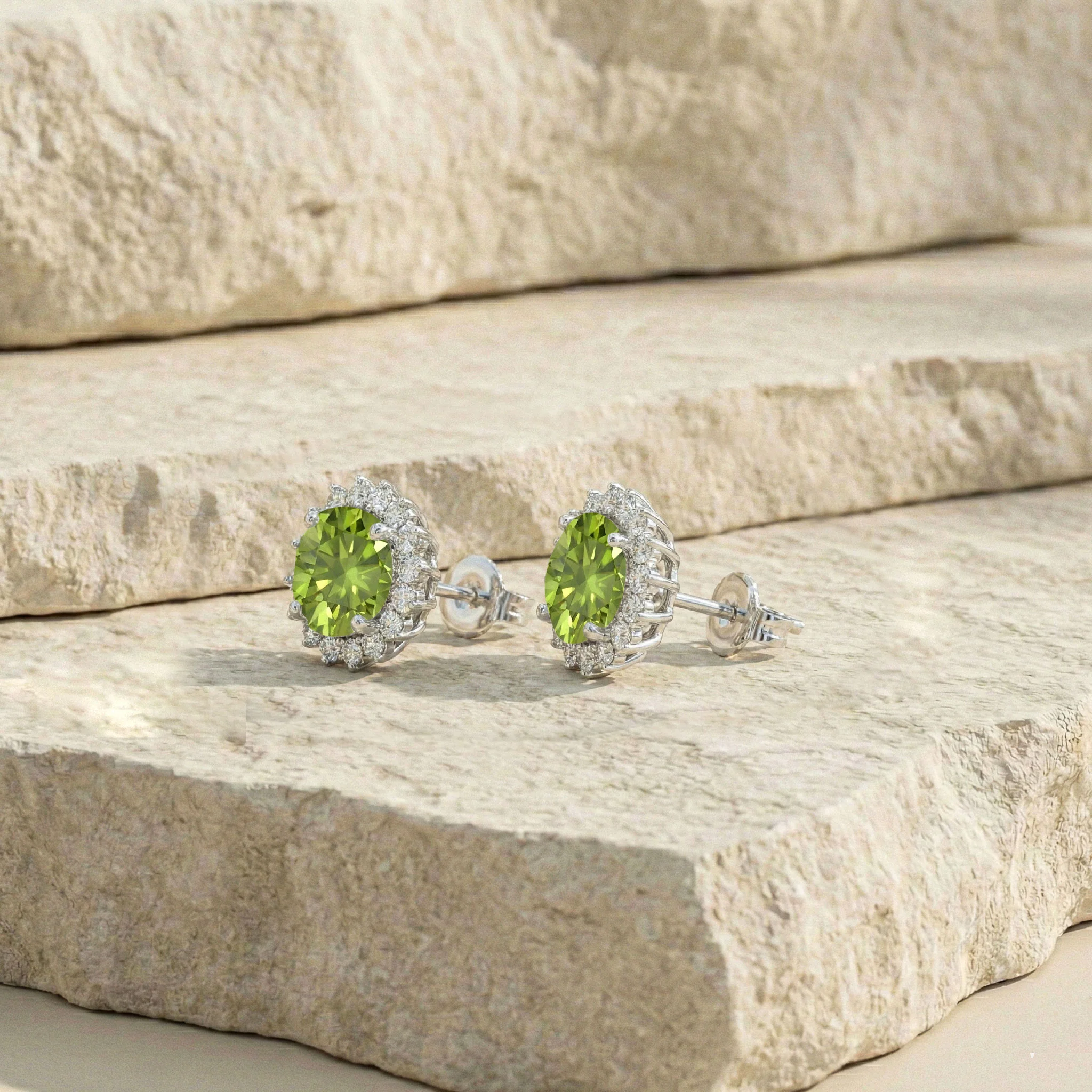 Peridot Round Halo Stud Earrings in 925 Sterling Silver 5 MM 1.3ct - Image 7