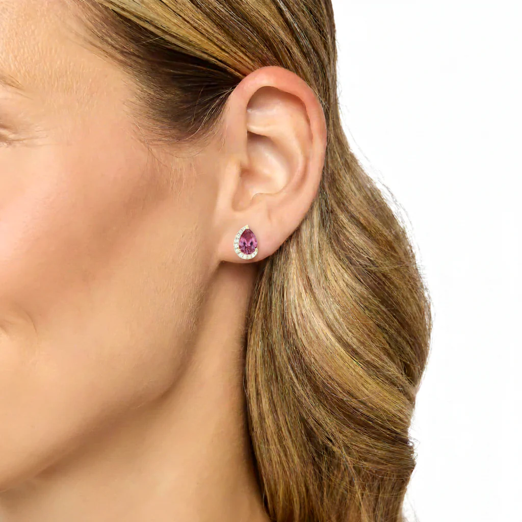 Pink tourmaline Pear Halo Stud Earrings in 925 Sterling Silver 1ct - Image 12