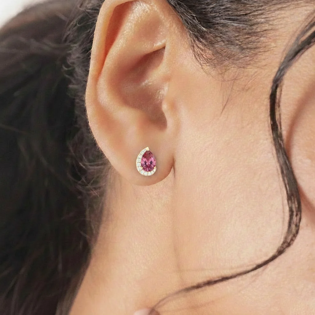 Pink tourmaline Pear Halo Stud Earrings in 925 Sterling Silver 1ct - Image 14