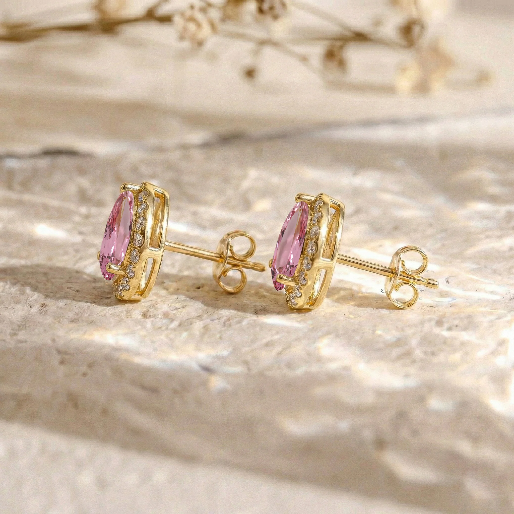 Pink tourmaline Pear Halo Stud Earrings in 925 Sterling Silver 1ct - Image 6