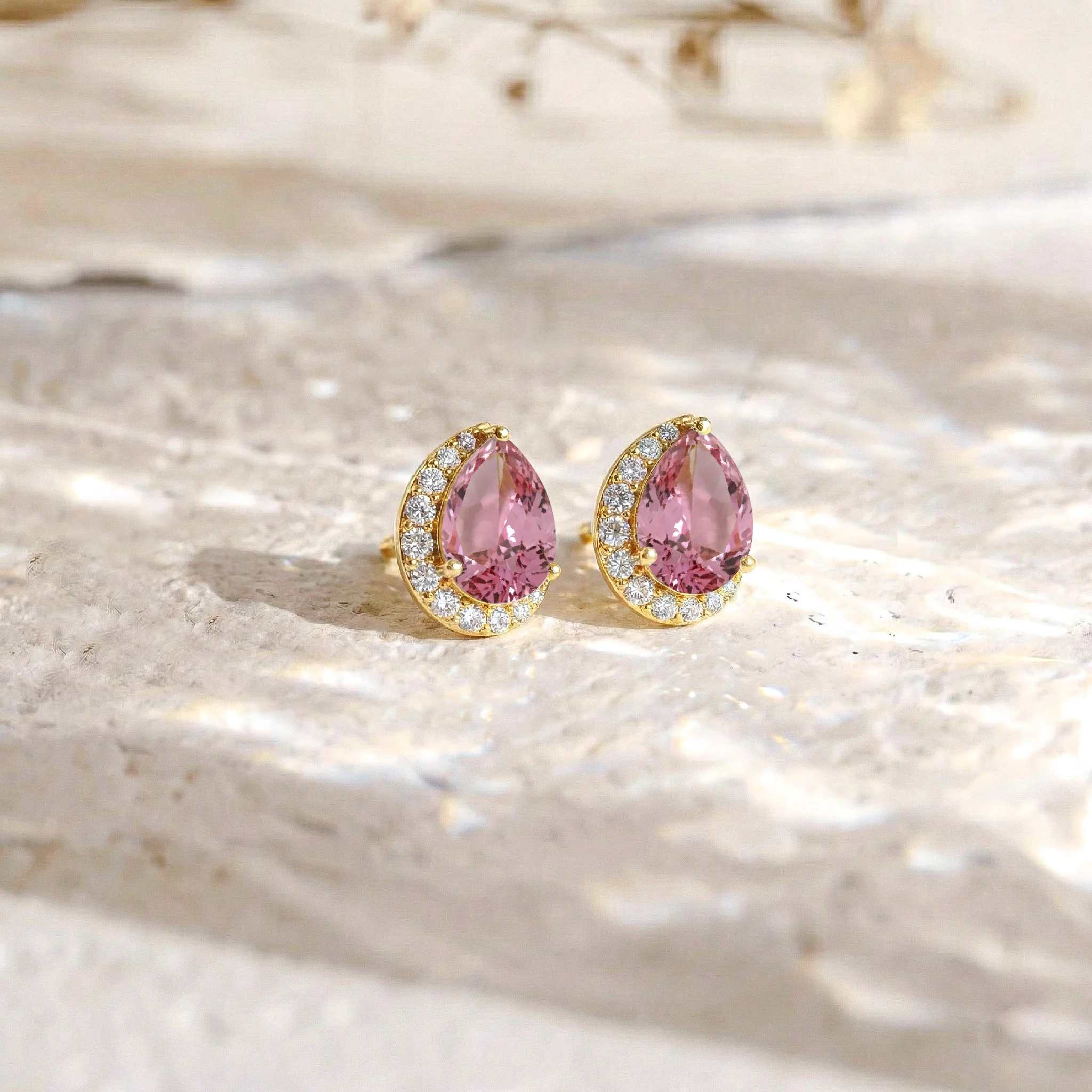 Pink tourmaline Pear Halo Stud Earrings in 925 Sterling Silver 1ct - Image 8