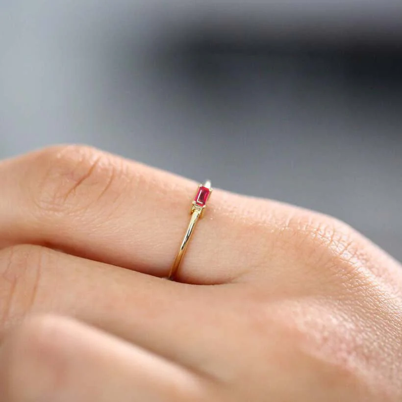 Red Ruby Baguette Gemstone Minimalist Ring - Image 3