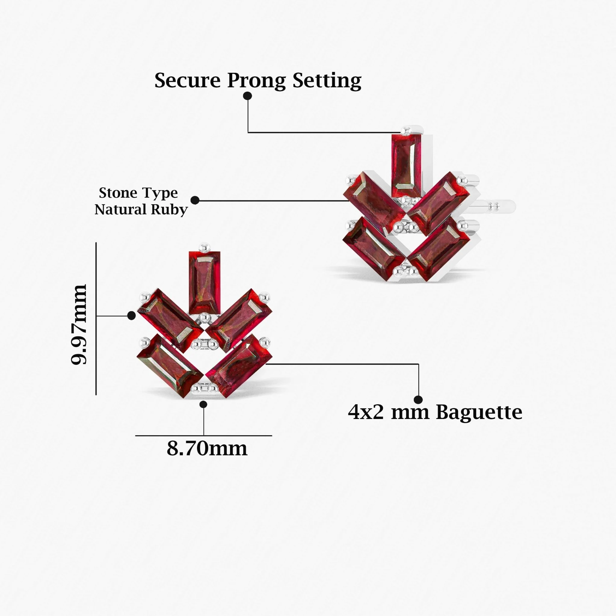 Red Ruby Baguette Stone Stud Earring - Image 3