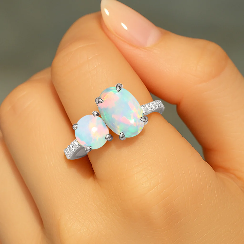 Round 1.70 Ct White Opal Two Stone Sterling Silver Ring - Image 2