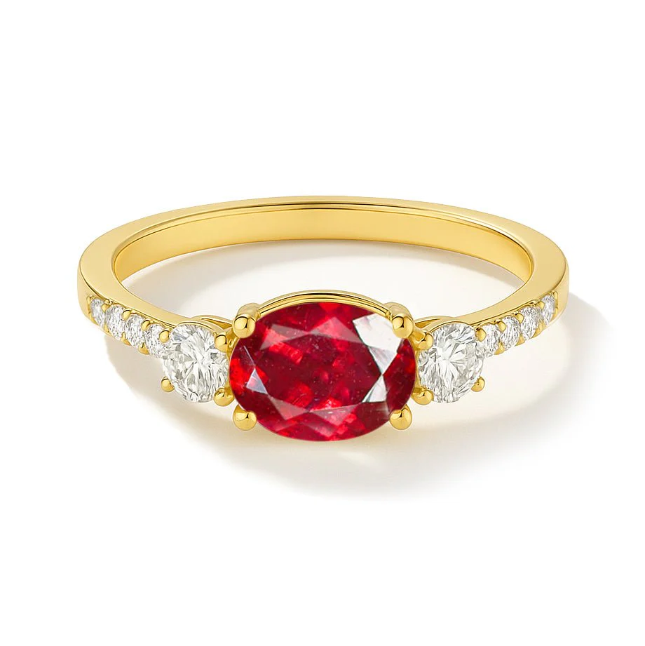 Ruby Birthstone Three Stone Ring with Natural Faceted Stone