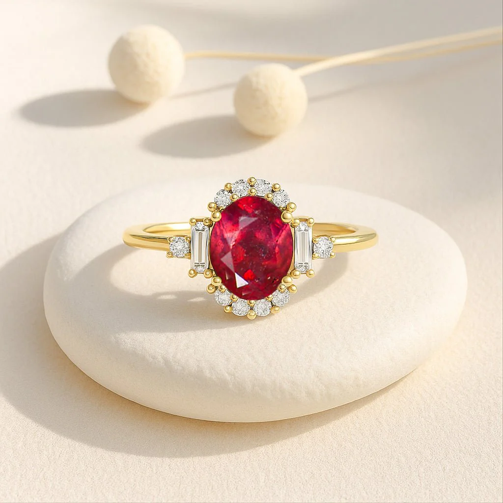 Ruby Halo Wedding Ring with 8x6 mm Natural Stone - Image 5