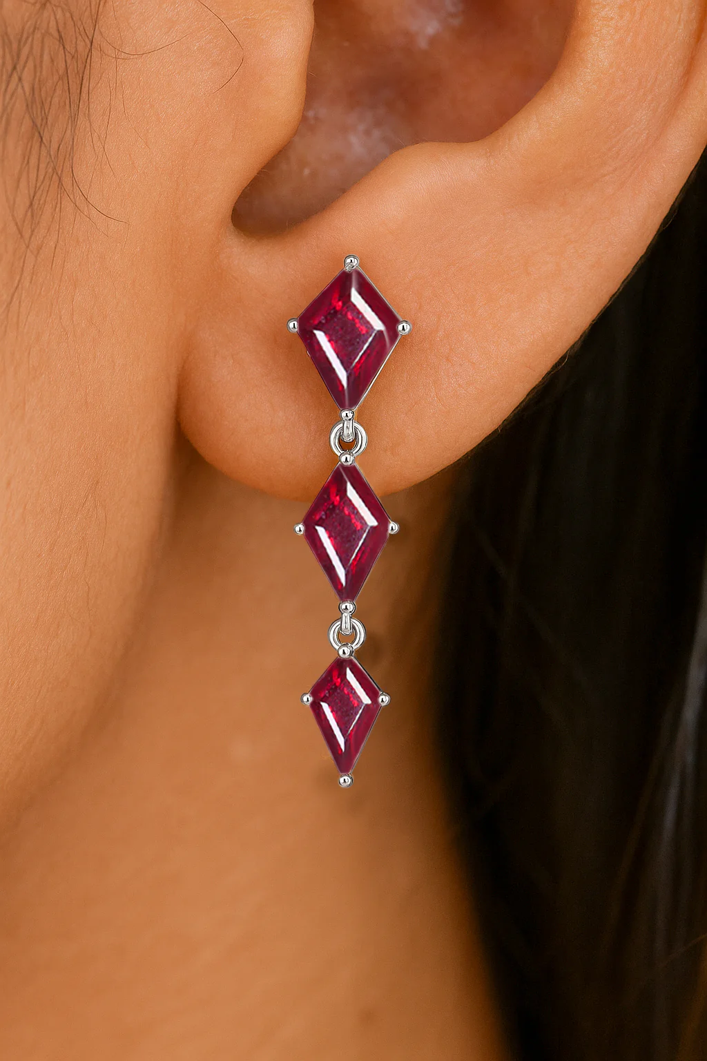 Ruby Kite Trio Stone Drop Earrings in 925 Sterling Silver - Image 3