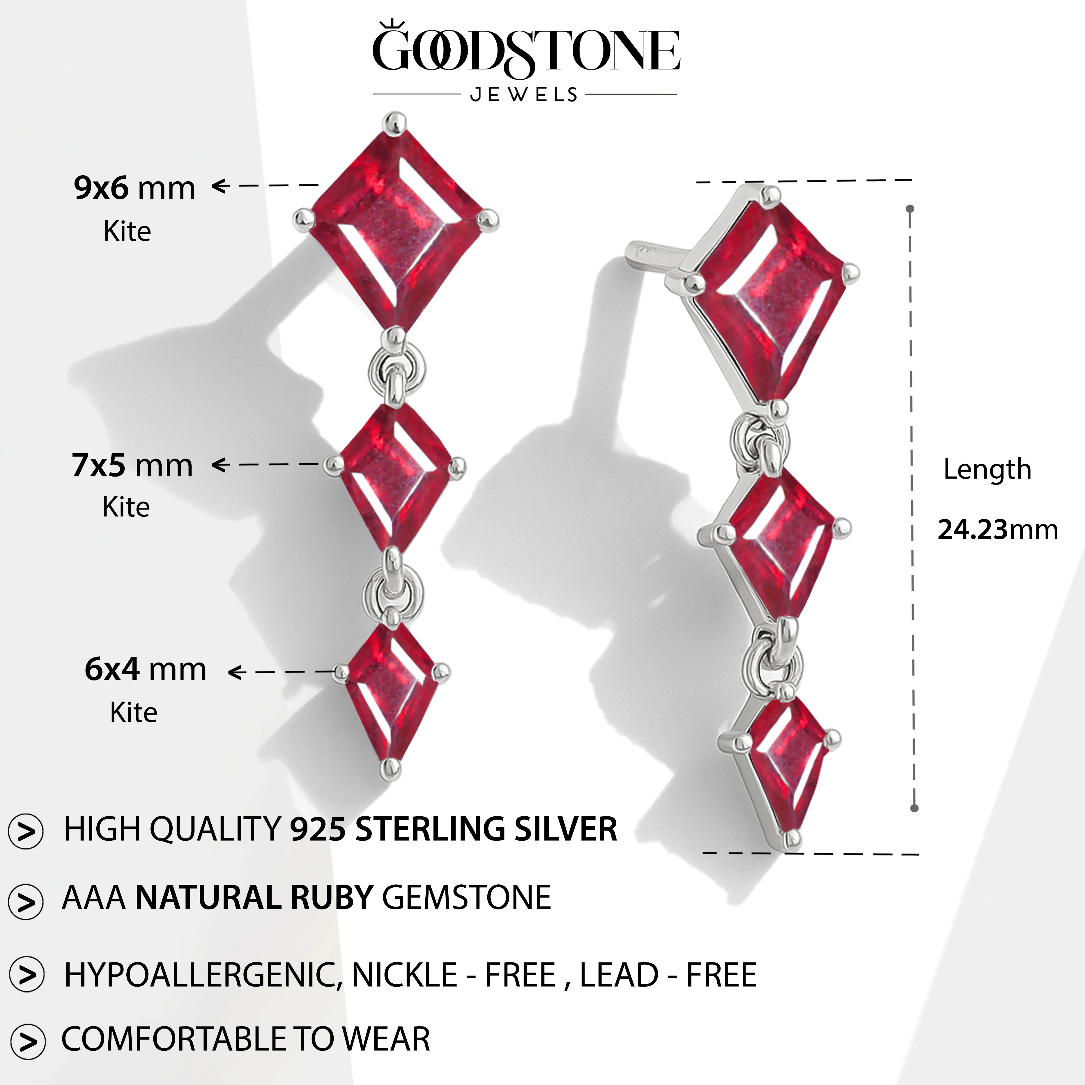 Ruby Kite Trio Stone Drop Earrings in 925 Sterling Silver - Image 7